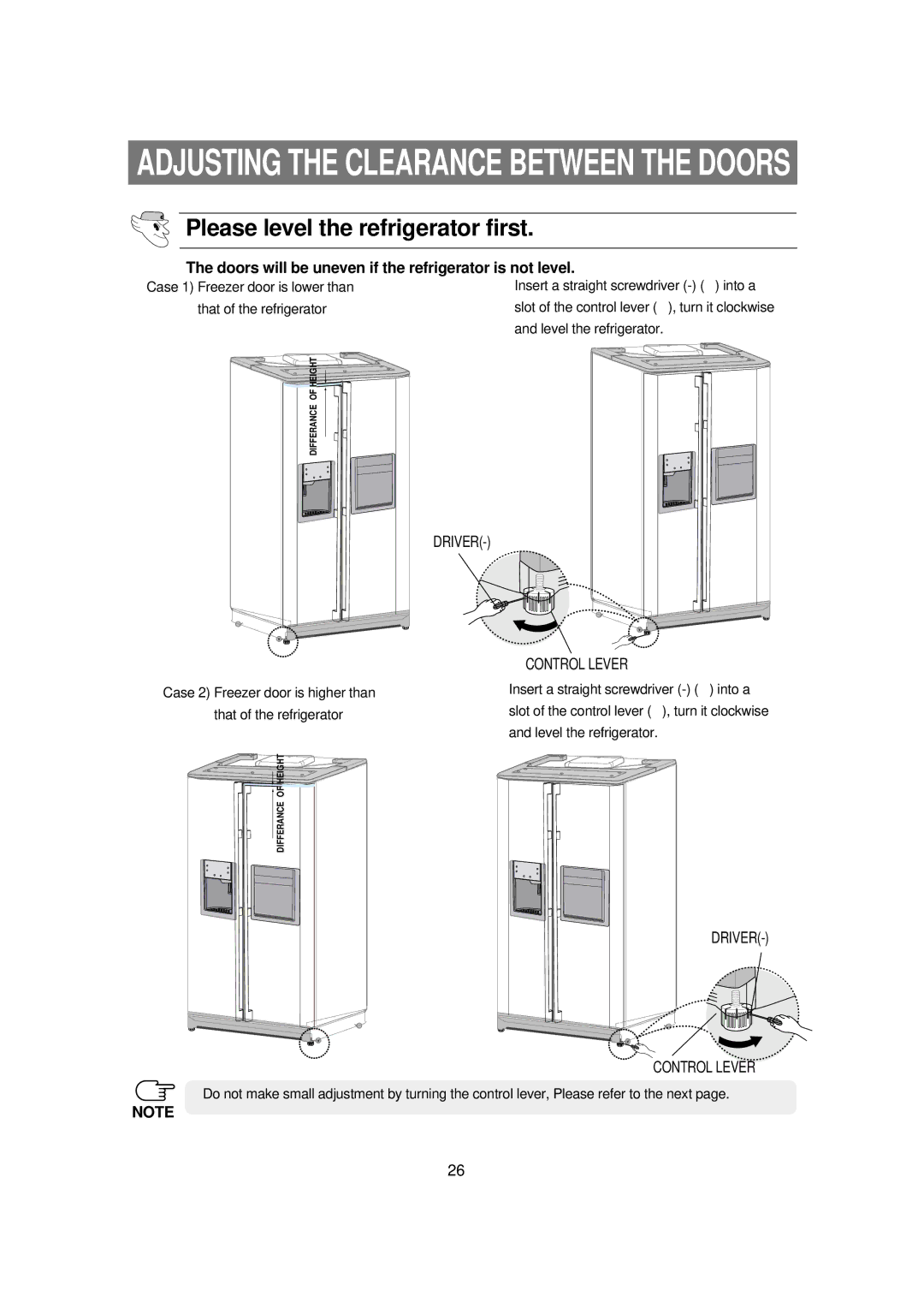 Samsung RSE8D, RSE8K, RSE8T manual Please level the refrigerator first, Doors will be uneven if the refrigerator is not level 