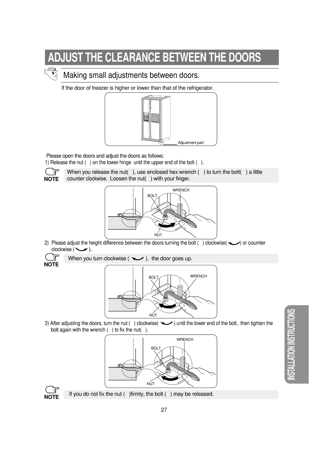 Samsung RSE8J, RSE8K, RSE8T, RSE8V, RSE8D, DA68-01453B manual Adjust the Clearance Between the Doors 