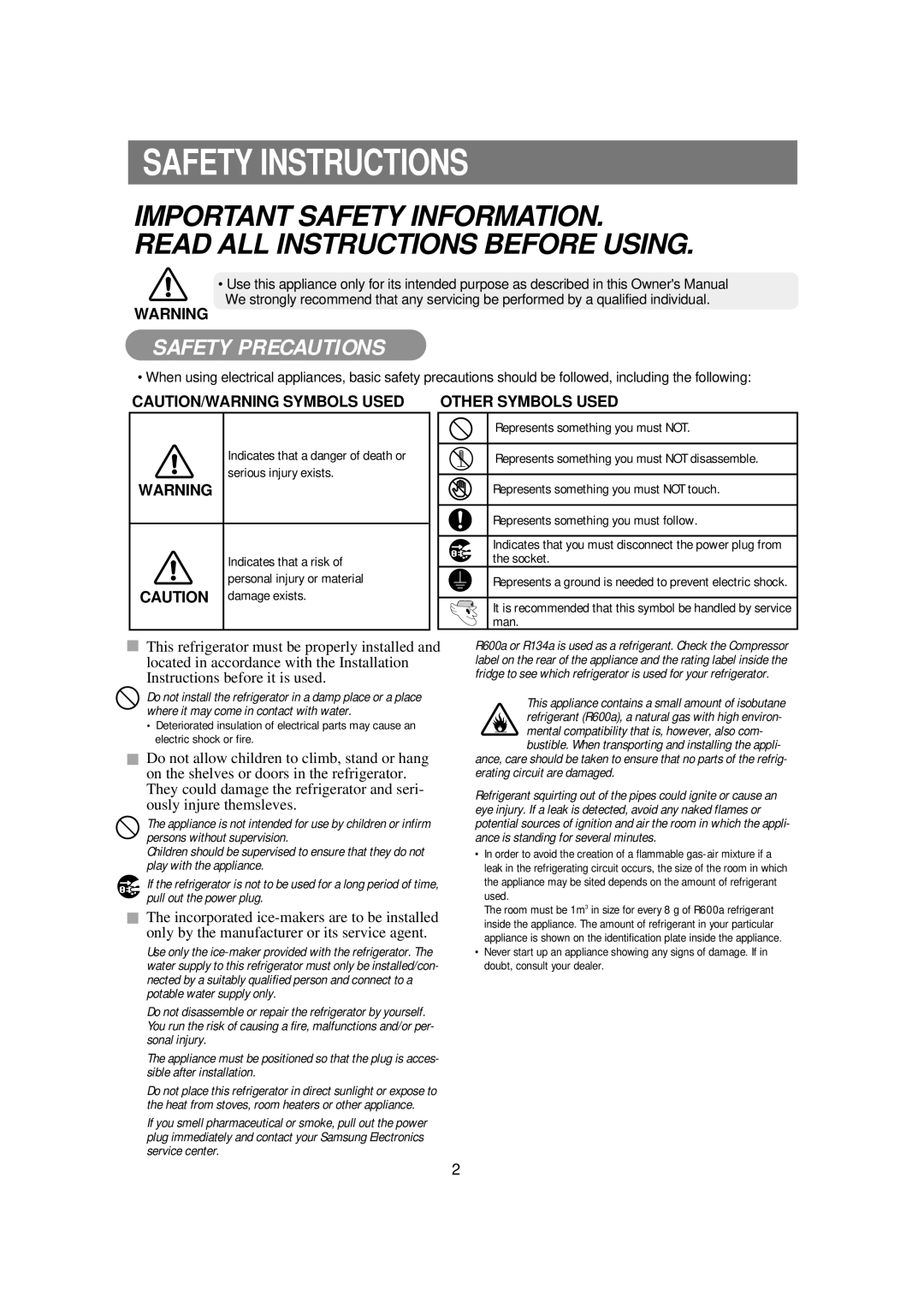 Samsung RSE8D, RSE8K, RSE8T, RSE8V, RSE8J, DA68-01453B manual Safety Instructions, Safety Precautions 