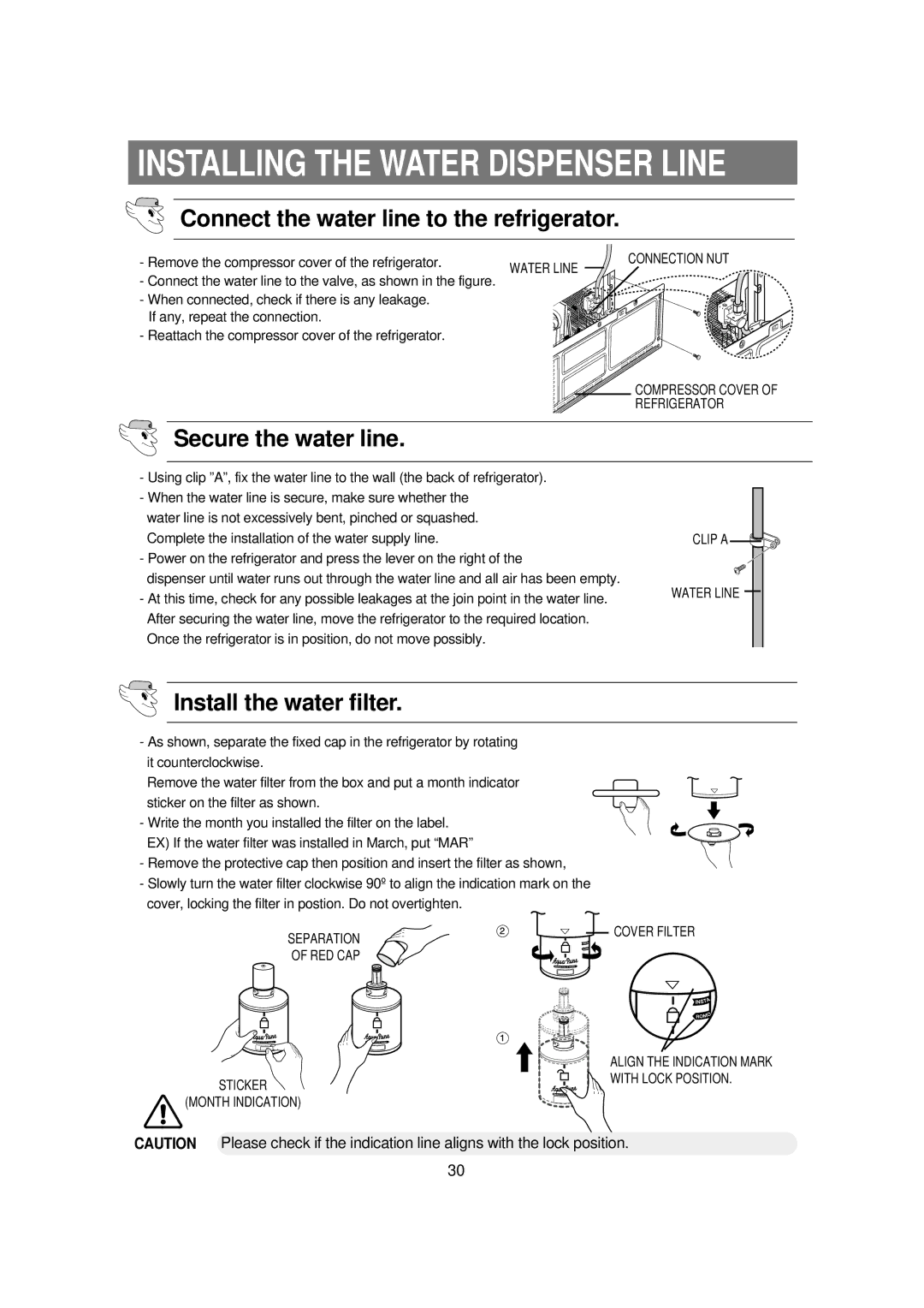 Samsung RSE8T, RSE8K, RSE8V, RSE8D, RSE8J, DA68-01453B manual Secure the water line, Install the water filter 