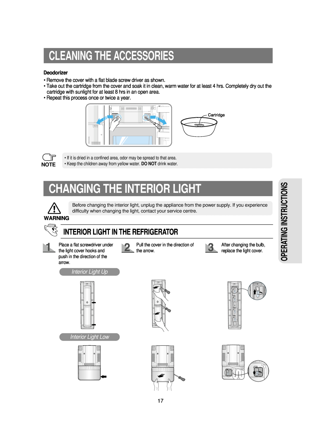 Samsung RSE8K, RSE8T Changing The Interior Light, Interior Light In The Refrigerator, Deodorizer, Cleaning The Accessories 