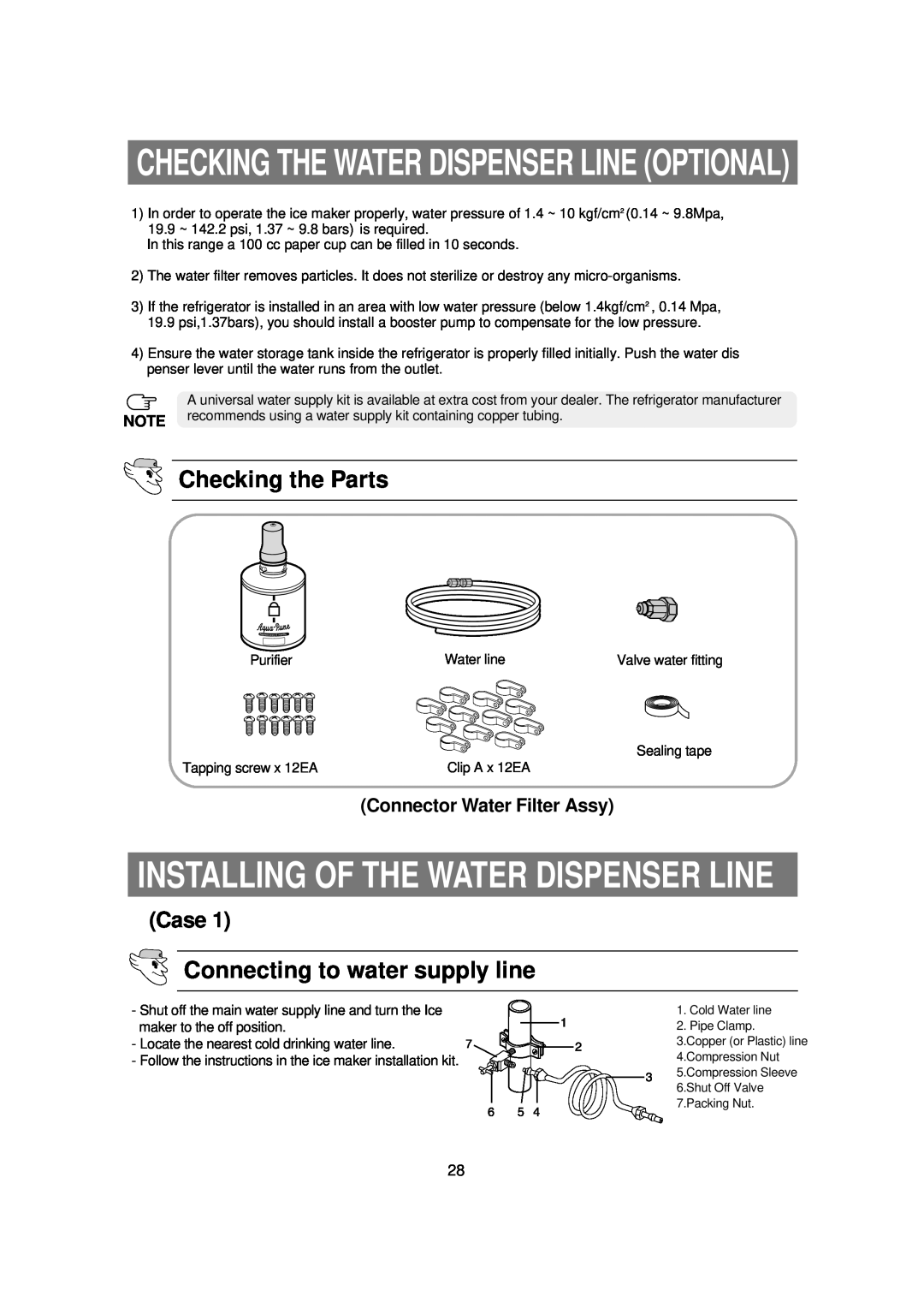 Samsung DA68-01453B Installing Of The Water Dispenser Line, Checking The Water Dispenser Line Optional, Checking the Parts 