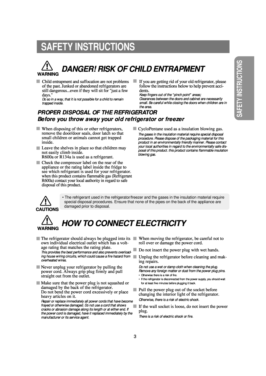 Samsung RSE8J, RSE8K, RSE8T Safety Instructions, Cautions, Danger! Risk Of Child Entrapment, How To Connect Electricity 