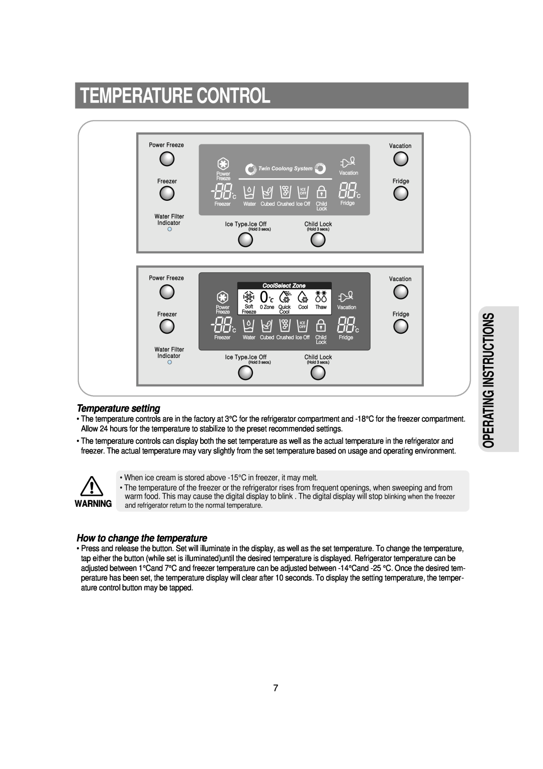 Samsung RSE8V, RSE8K, RSE8T Temperature Control, Temperature setting, How to change the temperature, Operating Instructions 