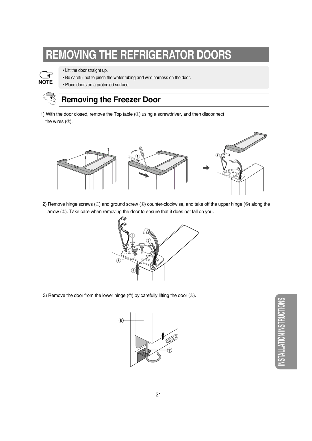 Samsung RSE8KPAS1/BUL manual Removing the Refrigerator Doors, Removing the Freezer Door 