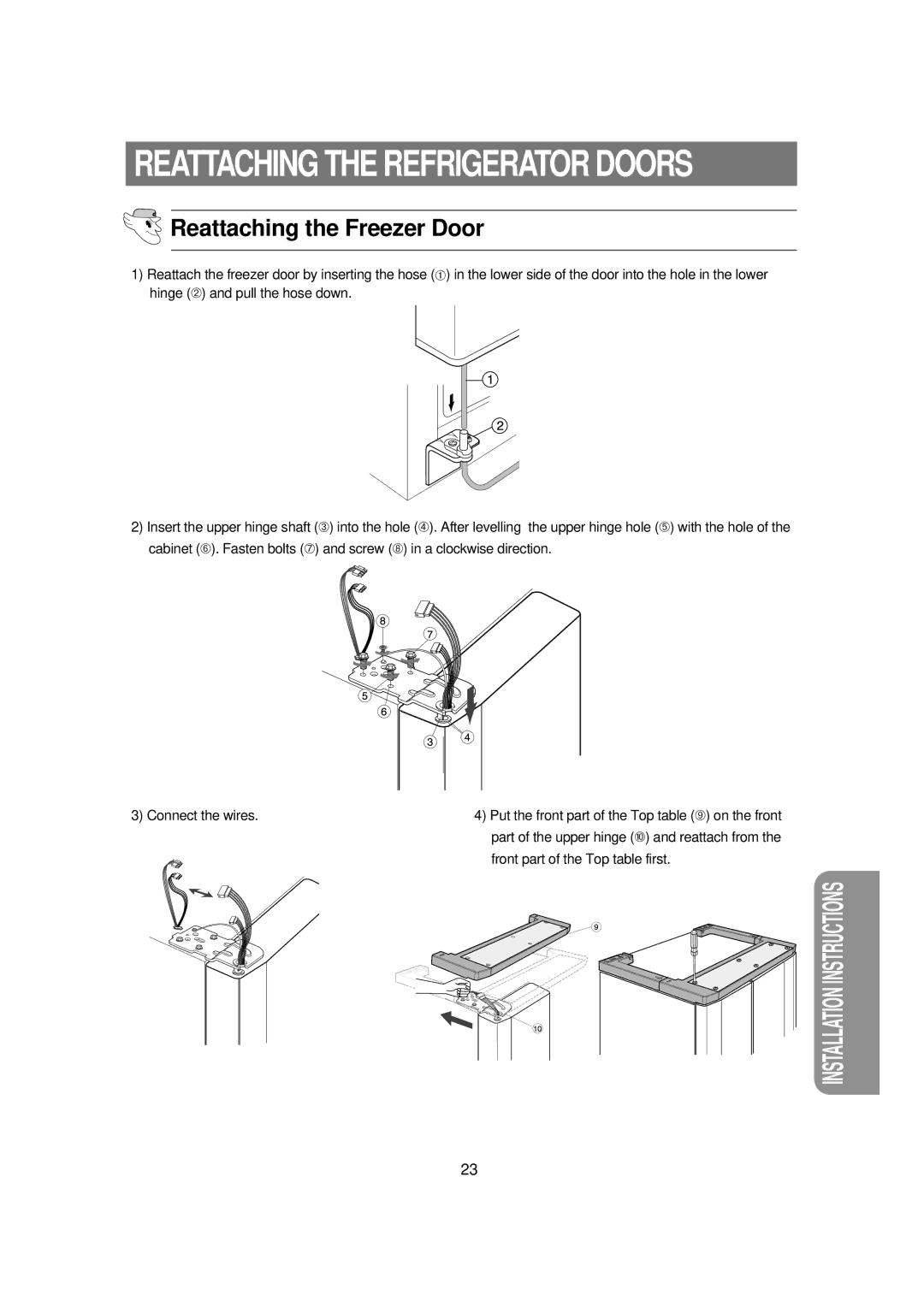 Samsung RSE8KPAS1/BUL manual Reattaching the Refrigerator Doors, Reattaching the Freezer Door 