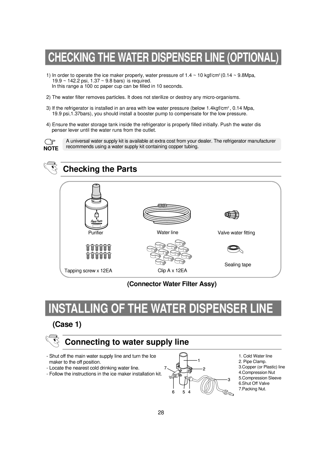 Samsung RSE8KPAS1/BUL manual Checking the Parts, Connecting to water supply line 