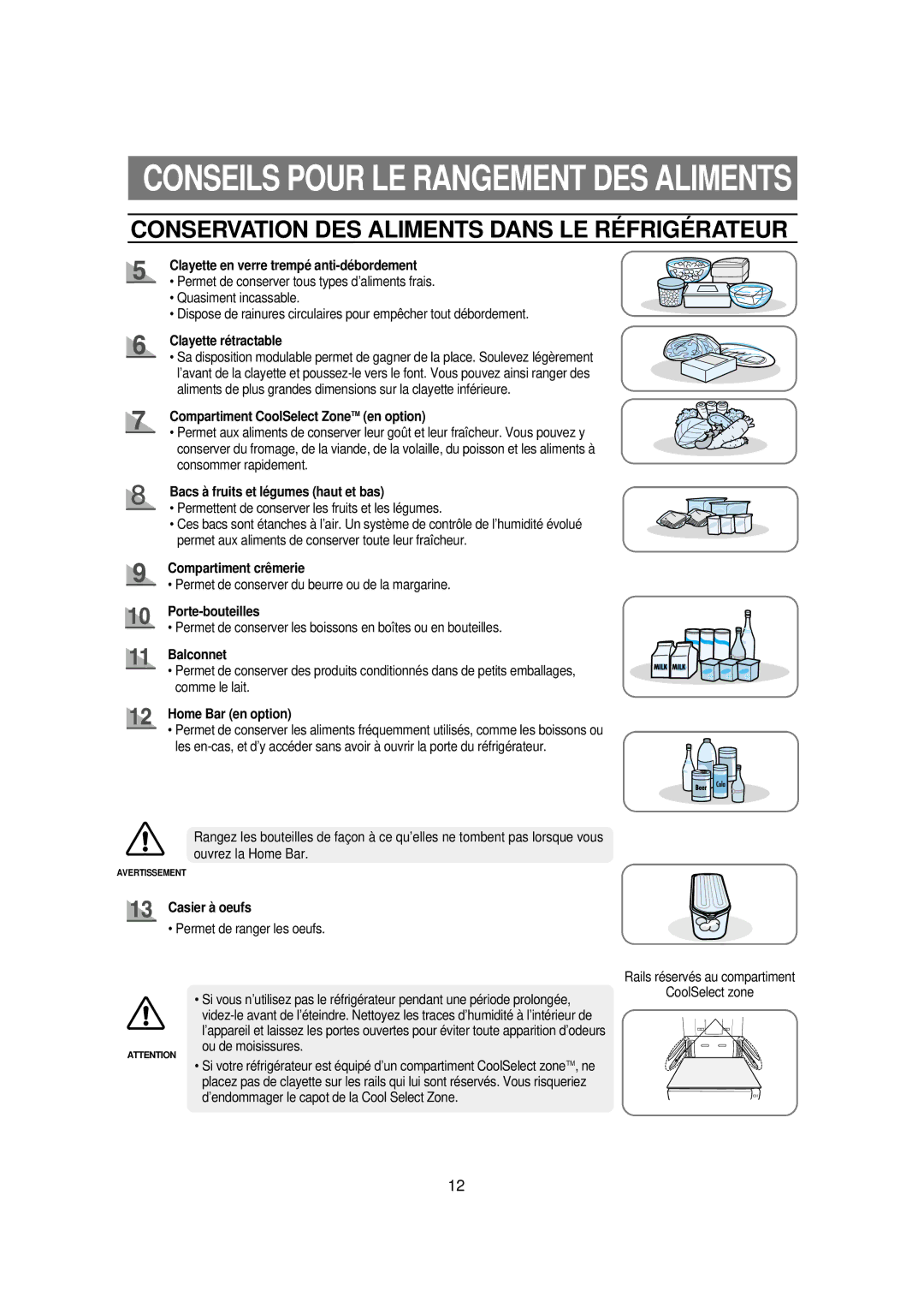 Samsung RSE8JPAS1/XEF, RSE8KPAS1/XEF, RSE8KPPS2/XEK, RSE8KPPS1/XEF manual Conservation DES Aliments Dans LE Réfrigérateur 