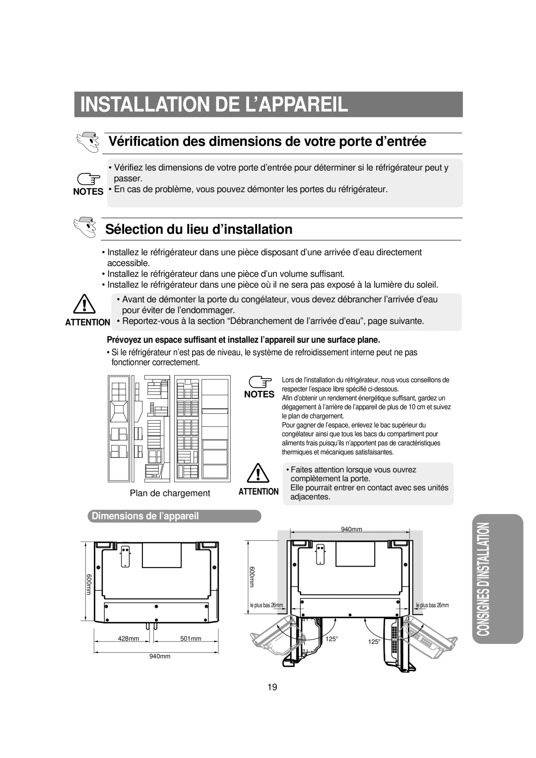 Samsung RSE8KPAS1/XEF, RSE8KPPS2/XEK manual Installation DE L’APPAREIL, Vérification des dimensions de votre porte d’entrée 