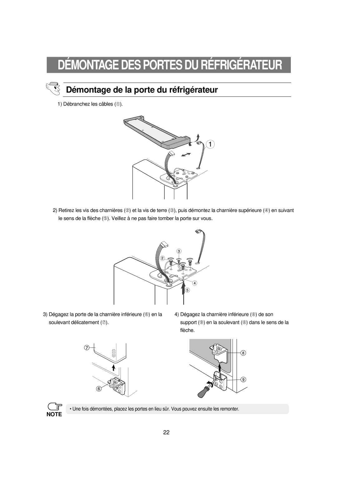 Samsung RSE8JPAS1/XEF, RSE8KPAS1/XEF manual Démontage DES Portes DU Réfrigérateur, Démontage de la porte du réfrigérateur 