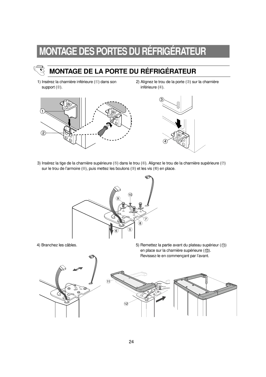 Samsung RSE8KPAS1/XEF, RSE8KPPS2/XEK, RSE8KPPS1/XEF, RSE8JPAS1/XEF, RSE8KPAS2/XEK manual Montage DE LA Porte DU Réfrigérateur 