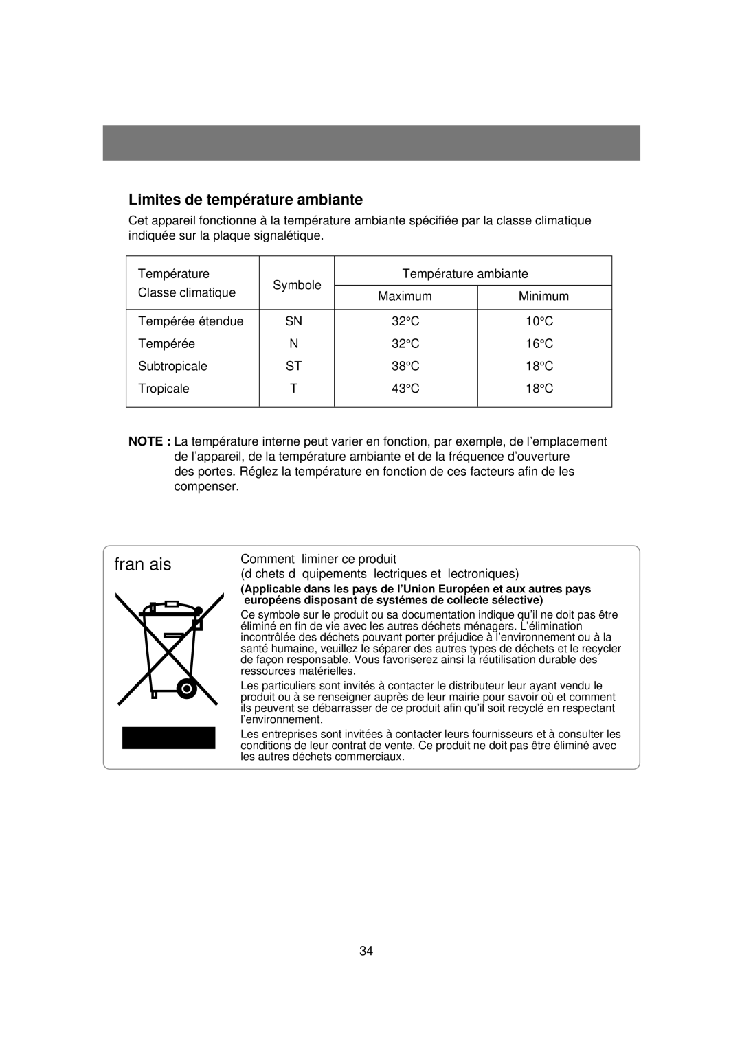 Samsung RSE8KPAS1/XEF manual Limites de température ambiante, Européens disposant de systémes de collecte sélective 