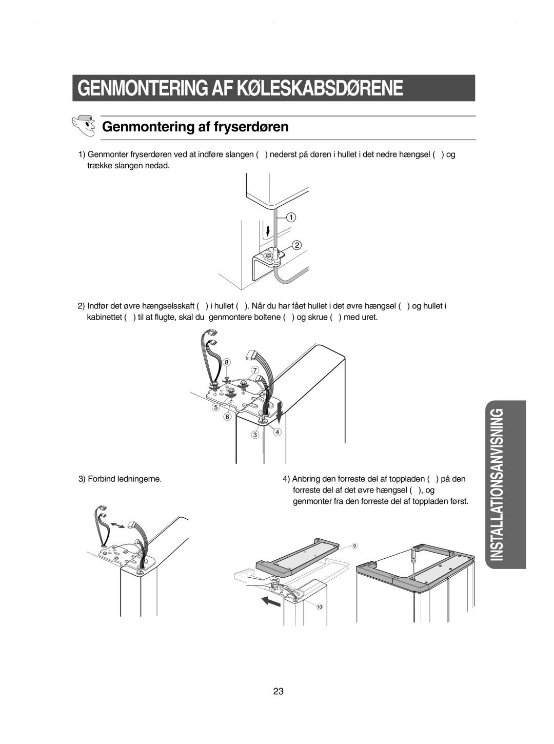 Samsung RSE8DPAS1/XEE, RSE8KPPS1/XEE, RSE8JPPS1/XEE manual Genmontering AF Køleskabsdørene, Genmontering af fryserdøren 