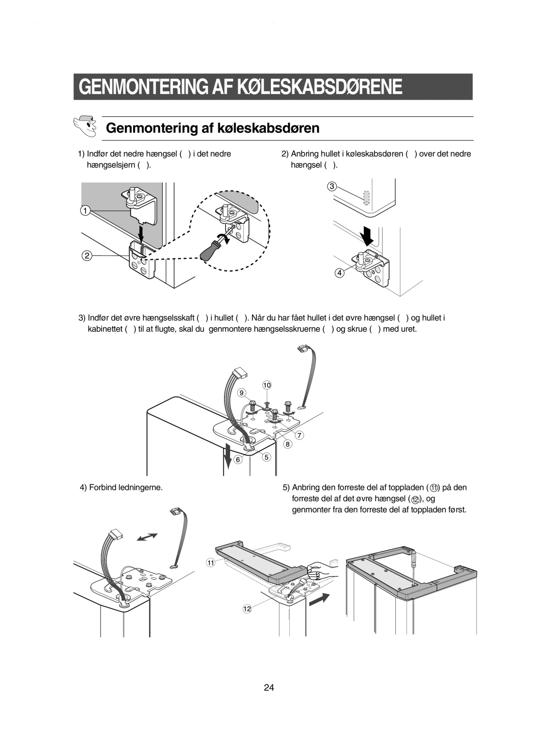 Samsung RSE8KPPS1/XEE, RSE8JPPS1/XEE, RSE8KPUS1/XEE, RSE8JPUS1/XEE, RSE8DPAS1/XEE manual Genmontering af køleskabsdøren 