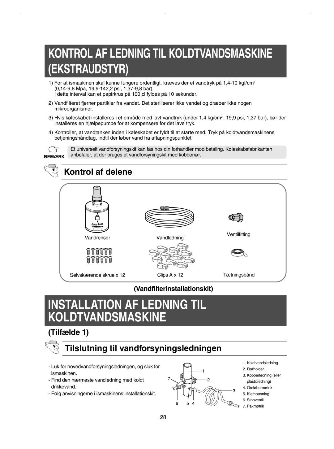 Samsung RSE8DPAS1/XEE, RSE8KPPS1/XEE, RSE8JPPS1/XEE manual Kontrol af delene, Tilslutning til vandforsyningsledningen 