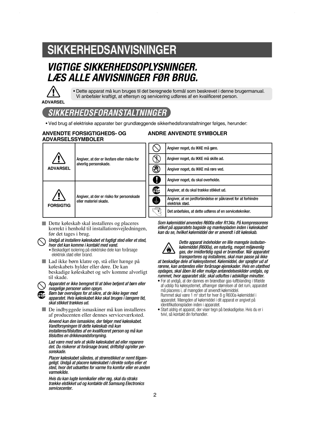 Samsung RSE8JPUS1/XEE, RSE8KPPS1/XEE Sikkerhedsanvisninger, Vigtige Sikkerhedsoplysninger LÆS Alle Anvisninger FØR Brug 