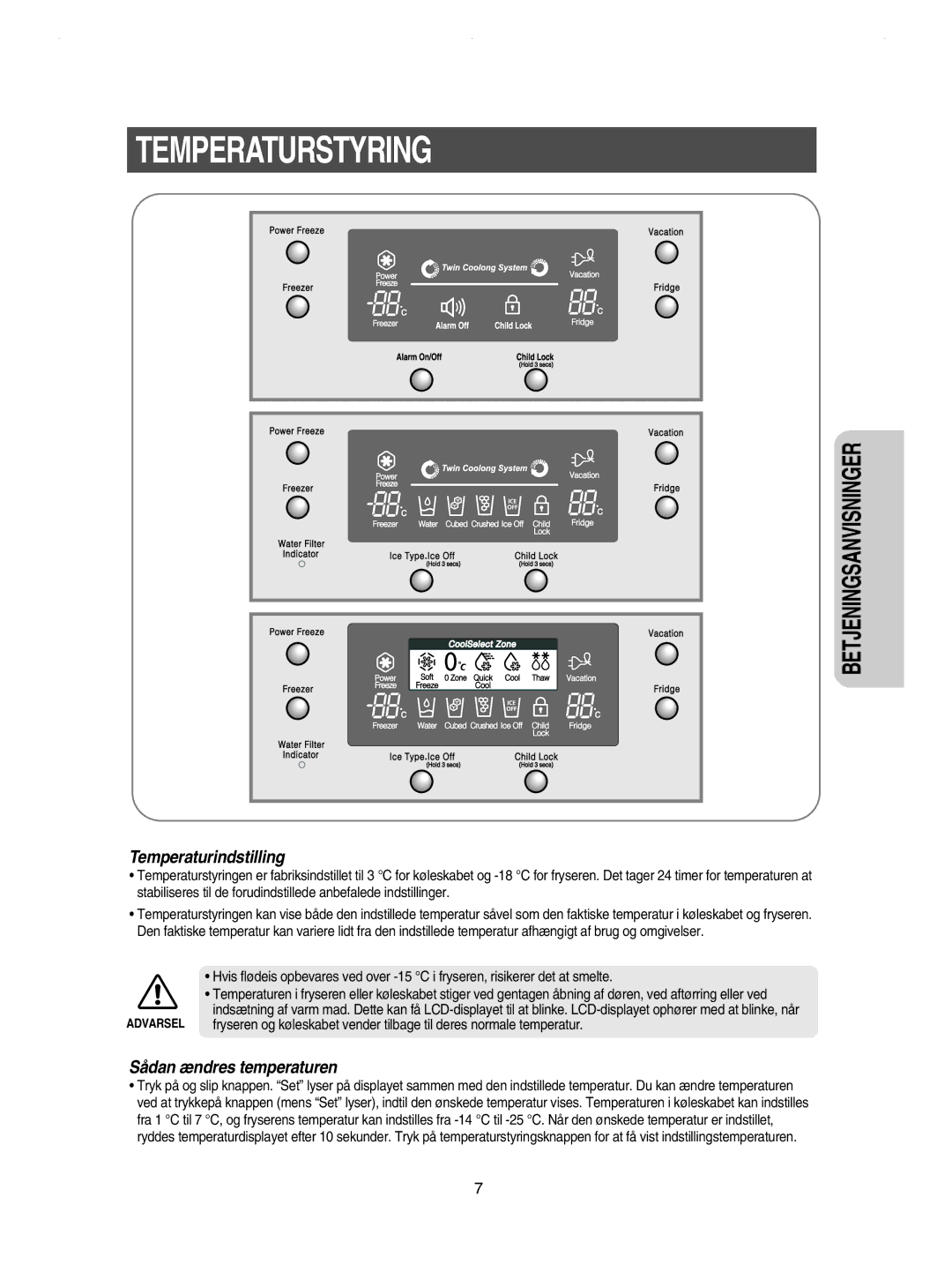 Samsung RSE8JPUS1/XEE, RSE8KPPS1/XEE, RSE8JPPS1/XEE, RSE8KPUS1/XEE, RSE8DPAS1/XEE Temperaturstyring, Temperaturindstilling 