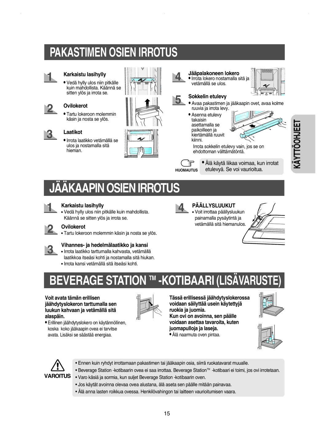 Samsung RSE8JPPS1/XEE Ovilokerot, Laatikot, Jääpalakoneen lokero, Sokkelin etulevy, Vihannes- ja hedelmälaatikko ja kansi 