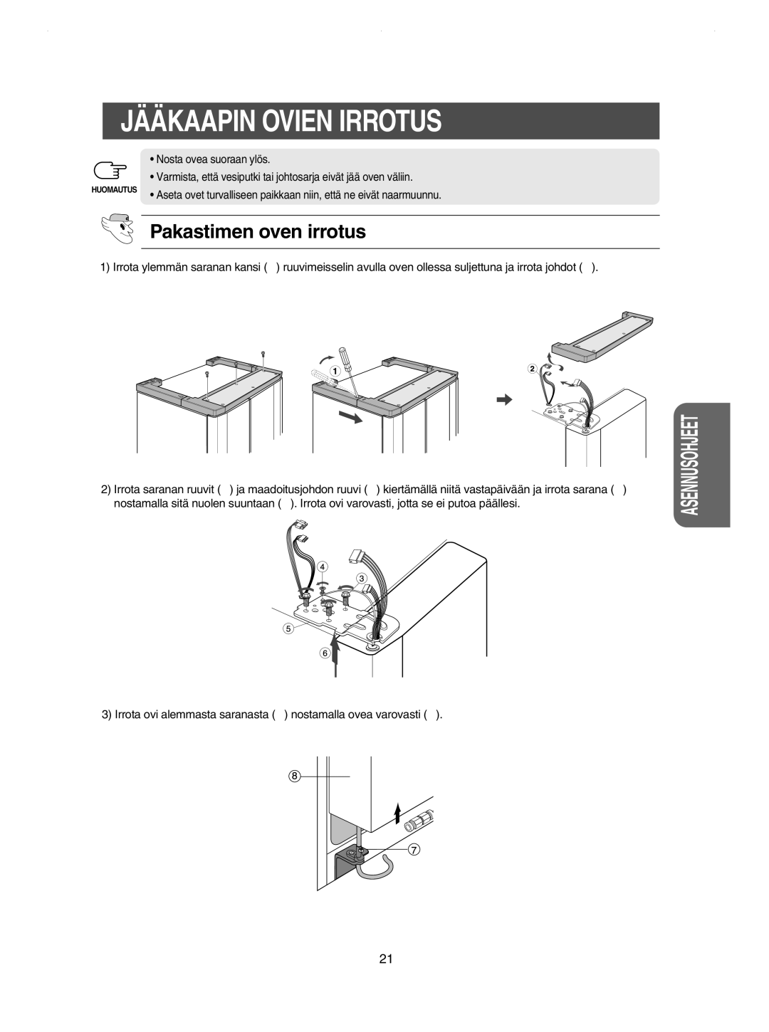 Samsung RSE8KPUS1/XEE, RSE8KPPS1/XEE, RSE8JPPS1/XEE, RSE8JPUS1/XEE manual Jääkaapin Ovien Irrotus, Pakastimen oven irrotus 