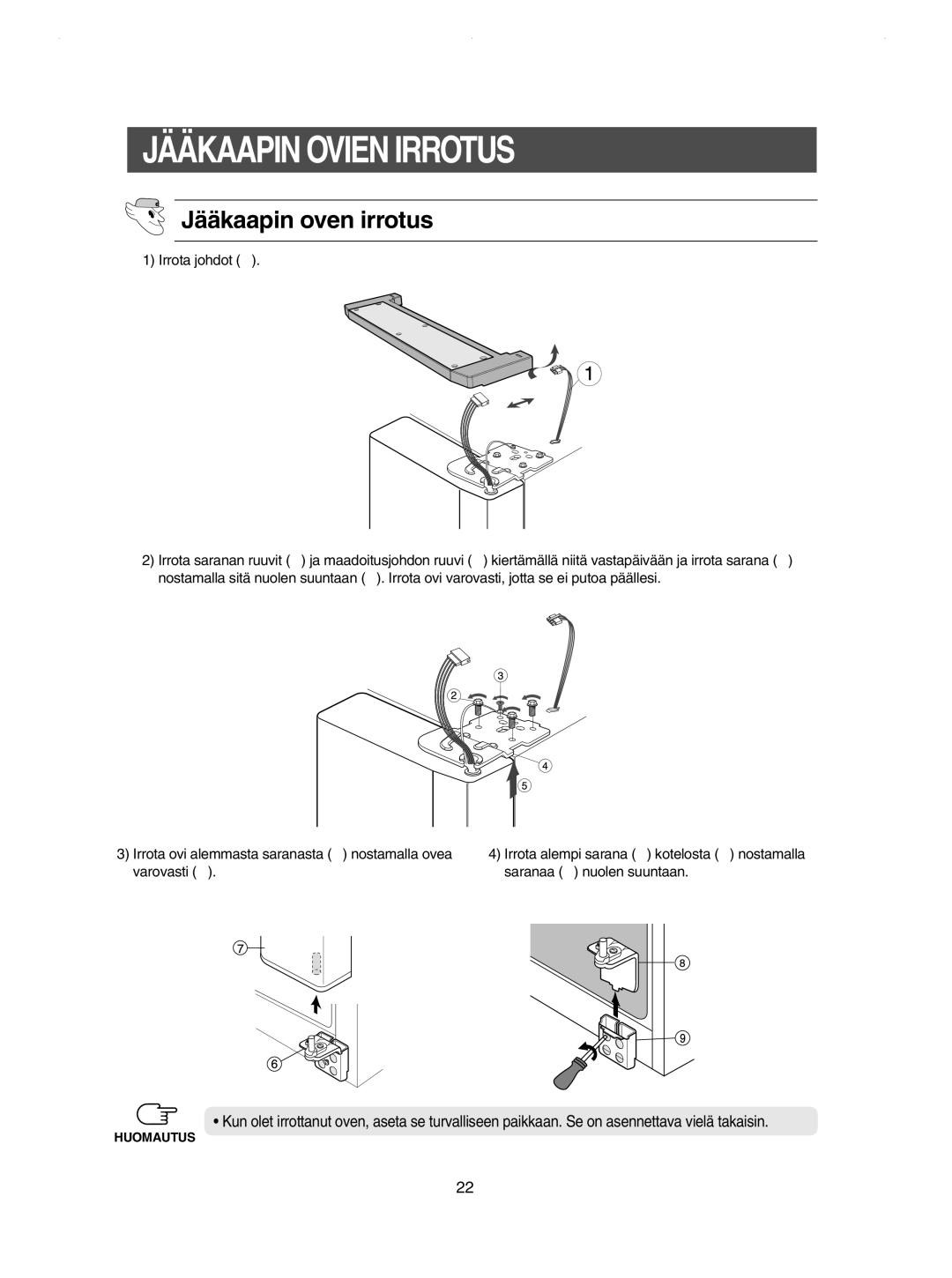 Samsung RSE8JPUS1/XEE, RSE8KPPS1/XEE, RSE8JPPS1/XEE, RSE8KPUS1/XEE, RSE8DPAS1/XEE manual Jääkaapin oven irrotus 