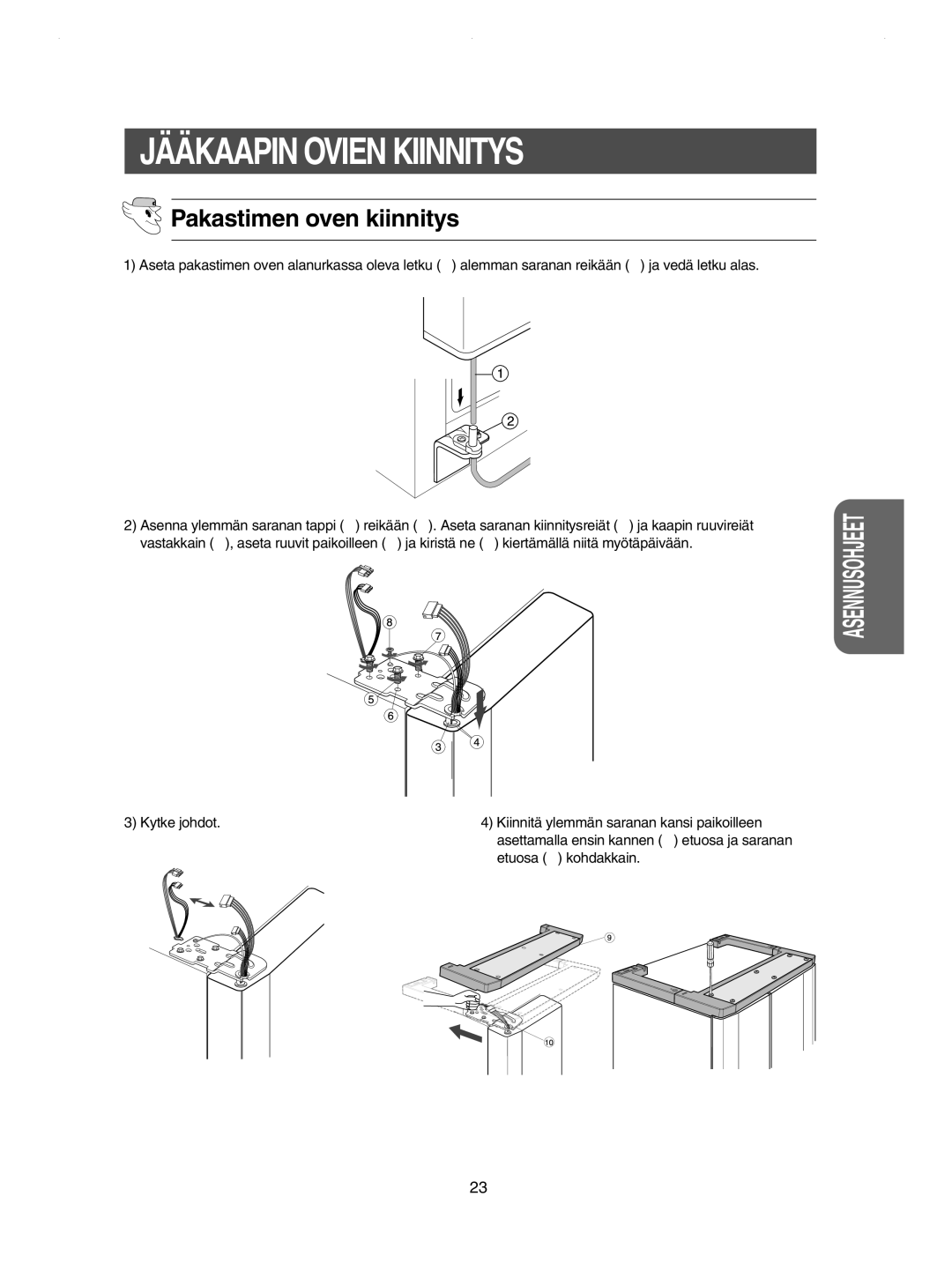 Samsung RSE8DPAS1/XEE, RSE8KPPS1/XEE, RSE8JPPS1/XEE, RSE8KPUS1/XEE manual Jääkaapin Ovien Kiinnitys, Pakastimen oven kiinnitys 