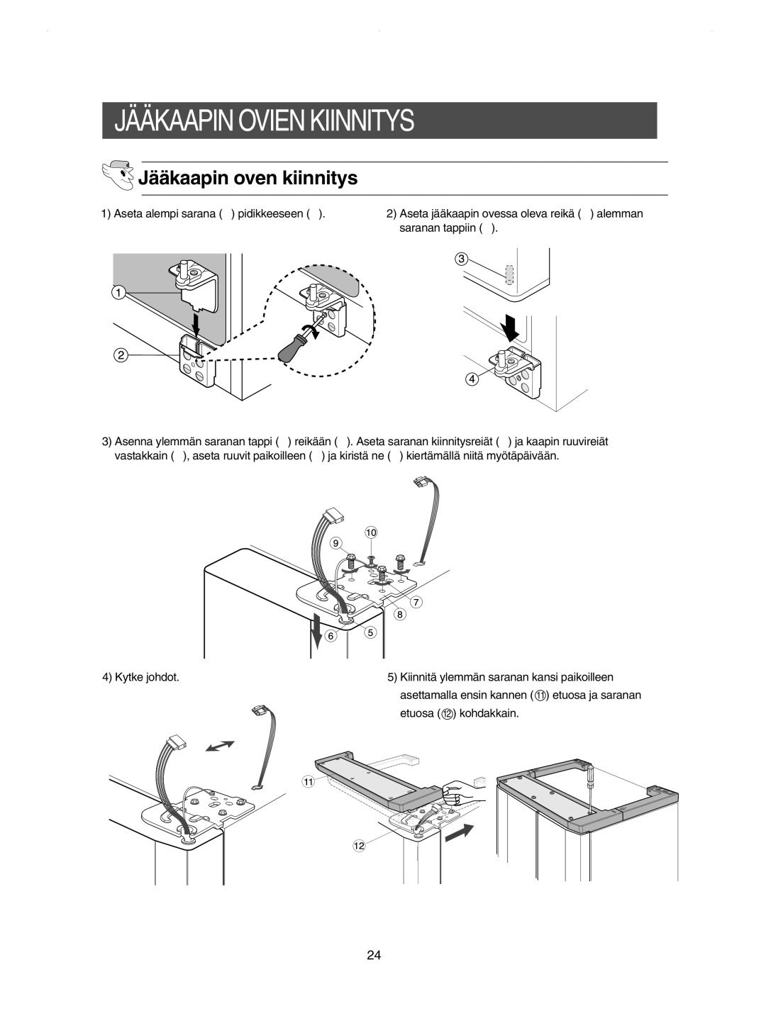 Samsung RSE8KPPS1/XEE, RSE8JPPS1/XEE, RSE8KPUS1/XEE, RSE8JPUS1/XEE manual Jääkaapin Ovien Kiinnitys, Jääkaapin oven kiinnitys 