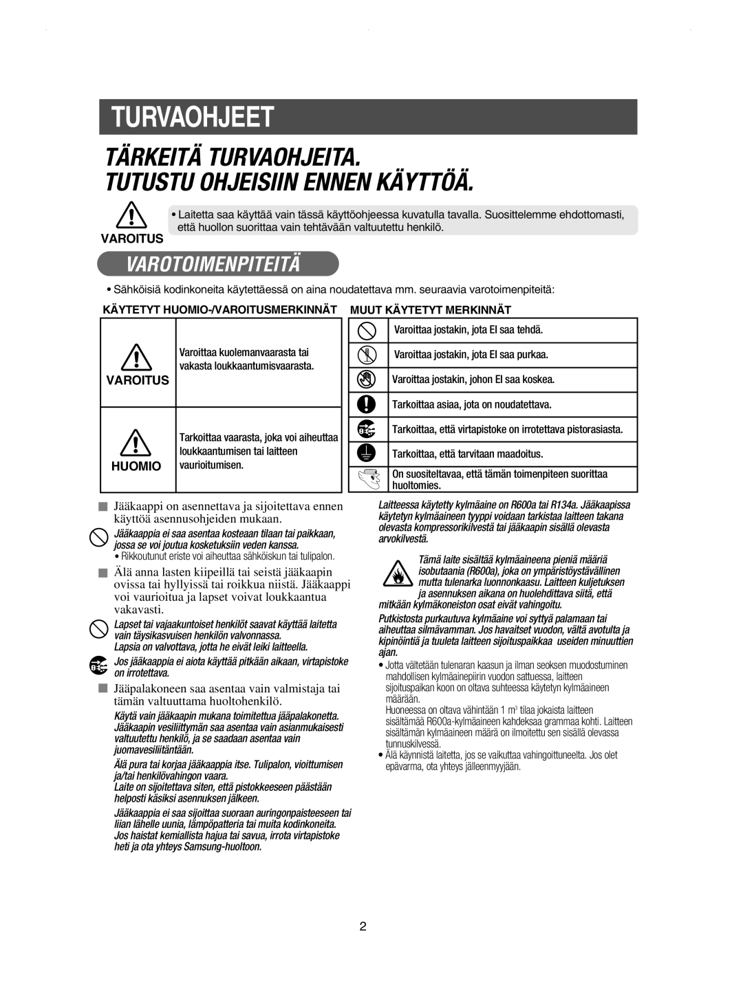 Samsung RSE8JPUS1/XEE, RSE8KPPS1/XEE, RSE8JPPS1/XEE manual Turvaohjeet, Tärkeitä Turvaohjeita Tutustu Ohjeisiin Ennen Käyttöä 