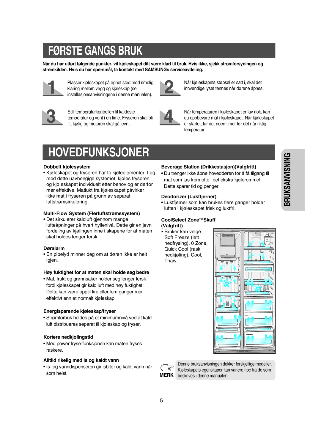 Samsung RSE8JPPS1/XEE, RSE8KPPS1/XEE, RSE8KPUS1/XEE, RSE8JPUS1/XEE, RSE8DPAS1/XEE manual Første Gangs Bruk, Hovedfunksjoner 