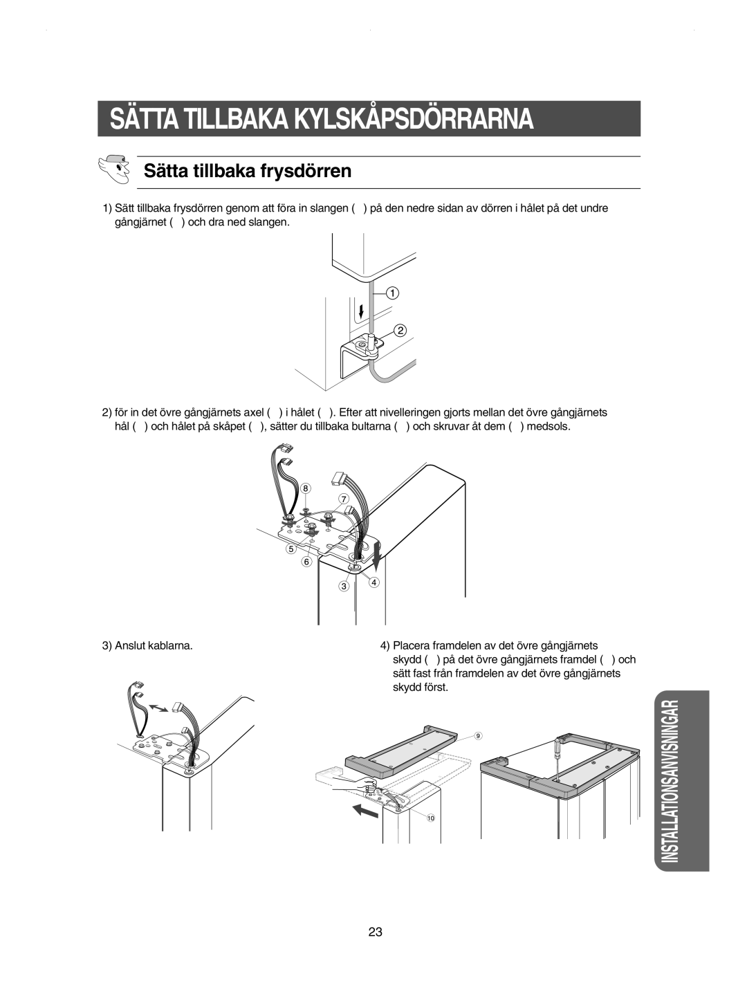 Samsung RSE8DPAS1/XEE, RSE8KPPS1/XEE, RSE8JPPS1/XEE manual Sätta Tillbaka Kylskåpsdörrarna, Sätta tillbaka frysdörren 