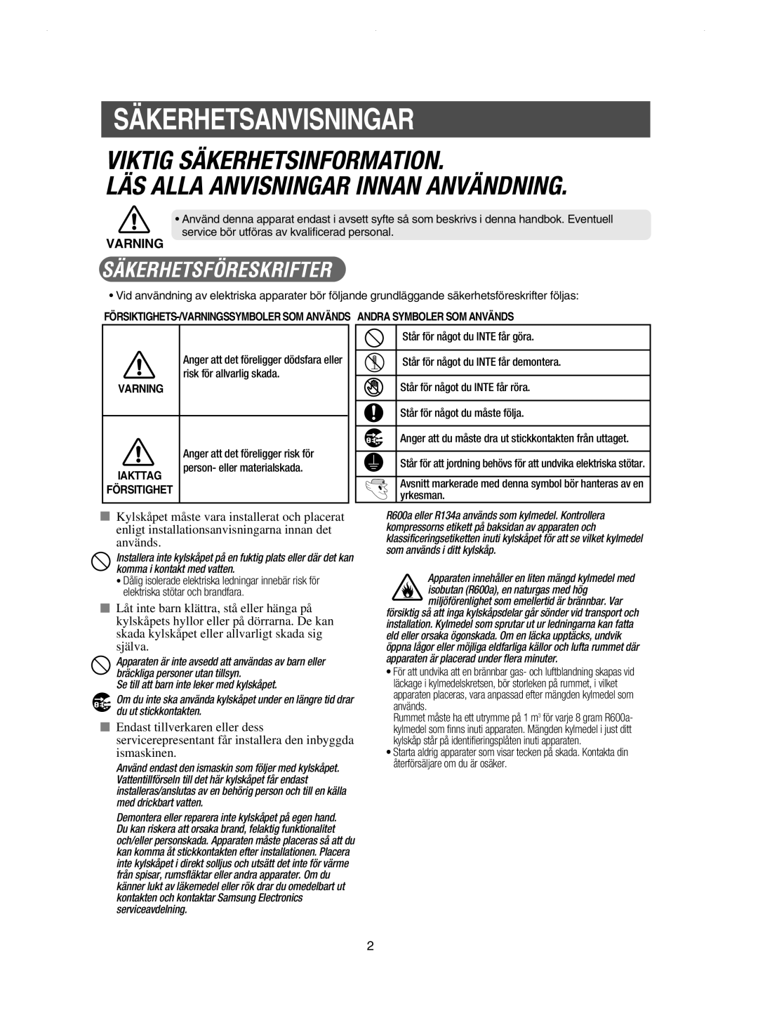 Samsung RSE8JPUS1/XEE, RSE8KPPS1/XEE, RSE8JPPS1/XEE, RSE8KPUS1/XEE, RSE8DPAS1/XEE Säkerhetsanvisningar, Säkerhetsföreskrifter 