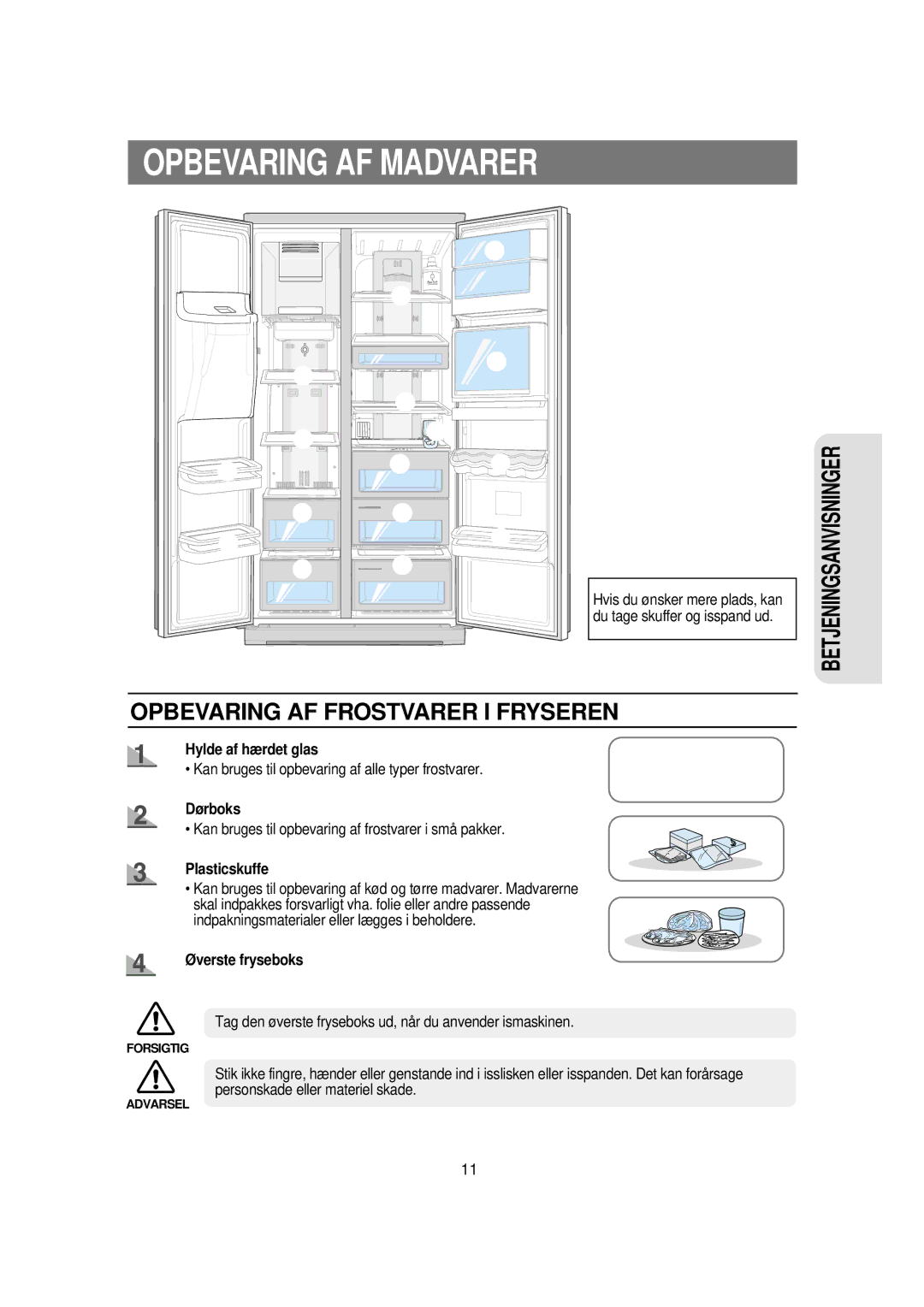 Samsung RSE8KPPS1/XEE manual Opbevaring AF Madvarer, Hylde af hærdet glas, Dørboks, Plasticskuffe, Øverste fryseboks 