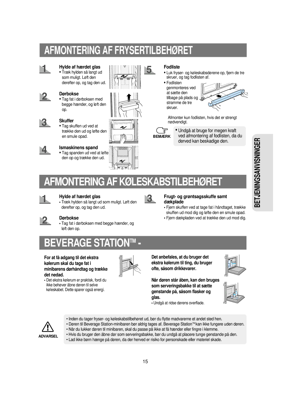 Samsung RSE8KPPS1/XEE, RSE8KPUS1/XEE manual Afmontering AF Frysertilbehøret, Beverage Stationtm 