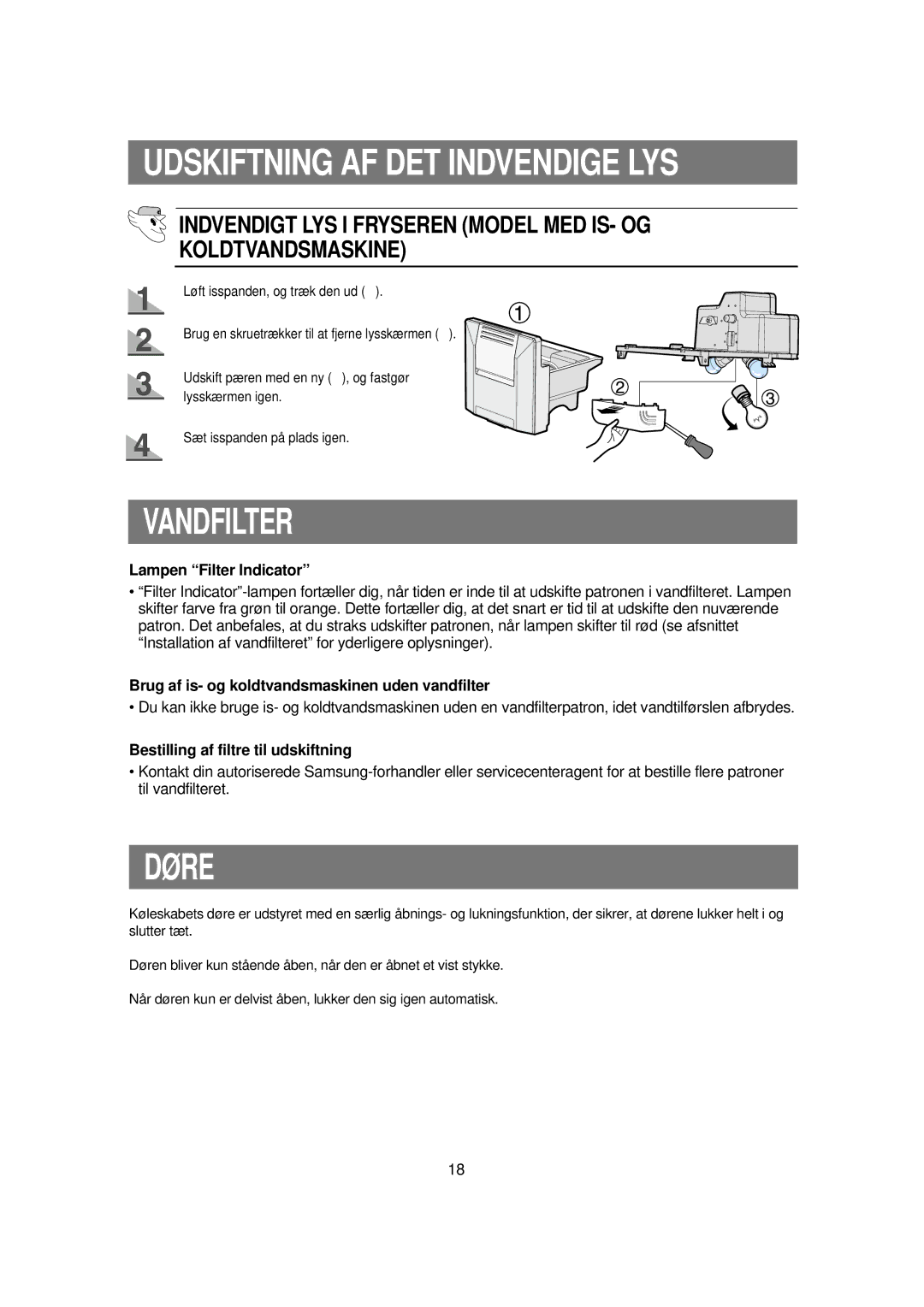 Samsung RSE8KPUS1/XEE, RSE8KPPS1/XEE manual Udskiftning AF DET Indvendige LYS, Vandfilter, Døre 