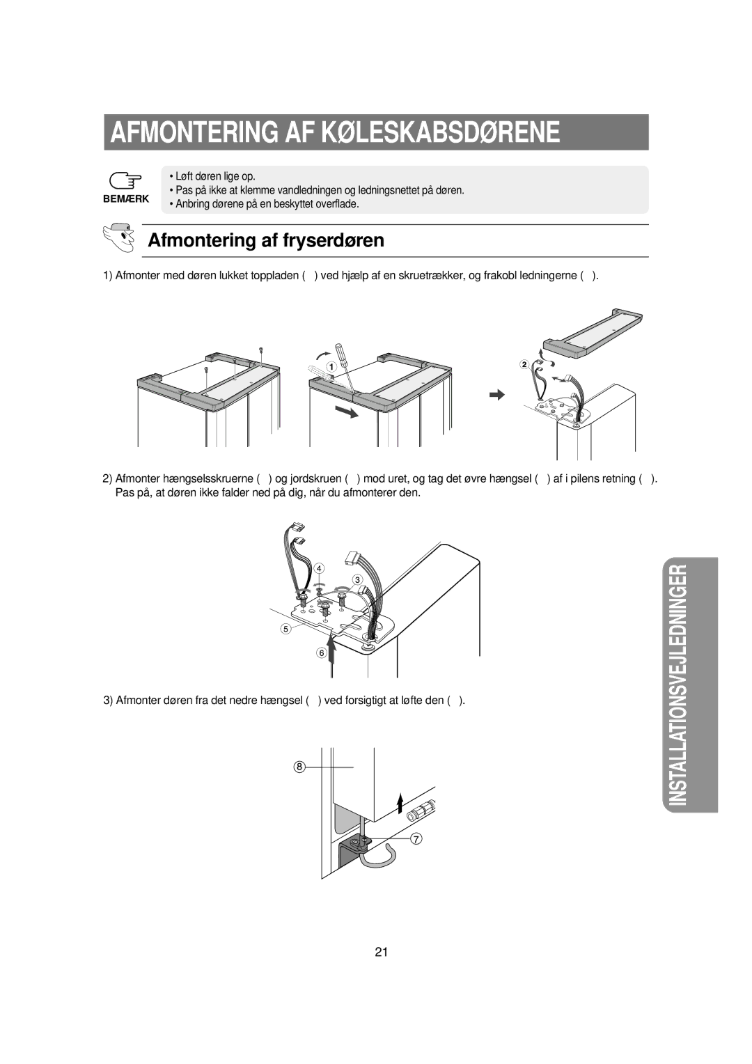 Samsung RSE8KPPS1/XEE, RSE8KPUS1/XEE manual Afmontering AF Køleskabsdørene, Afmontering af fryserdøren 