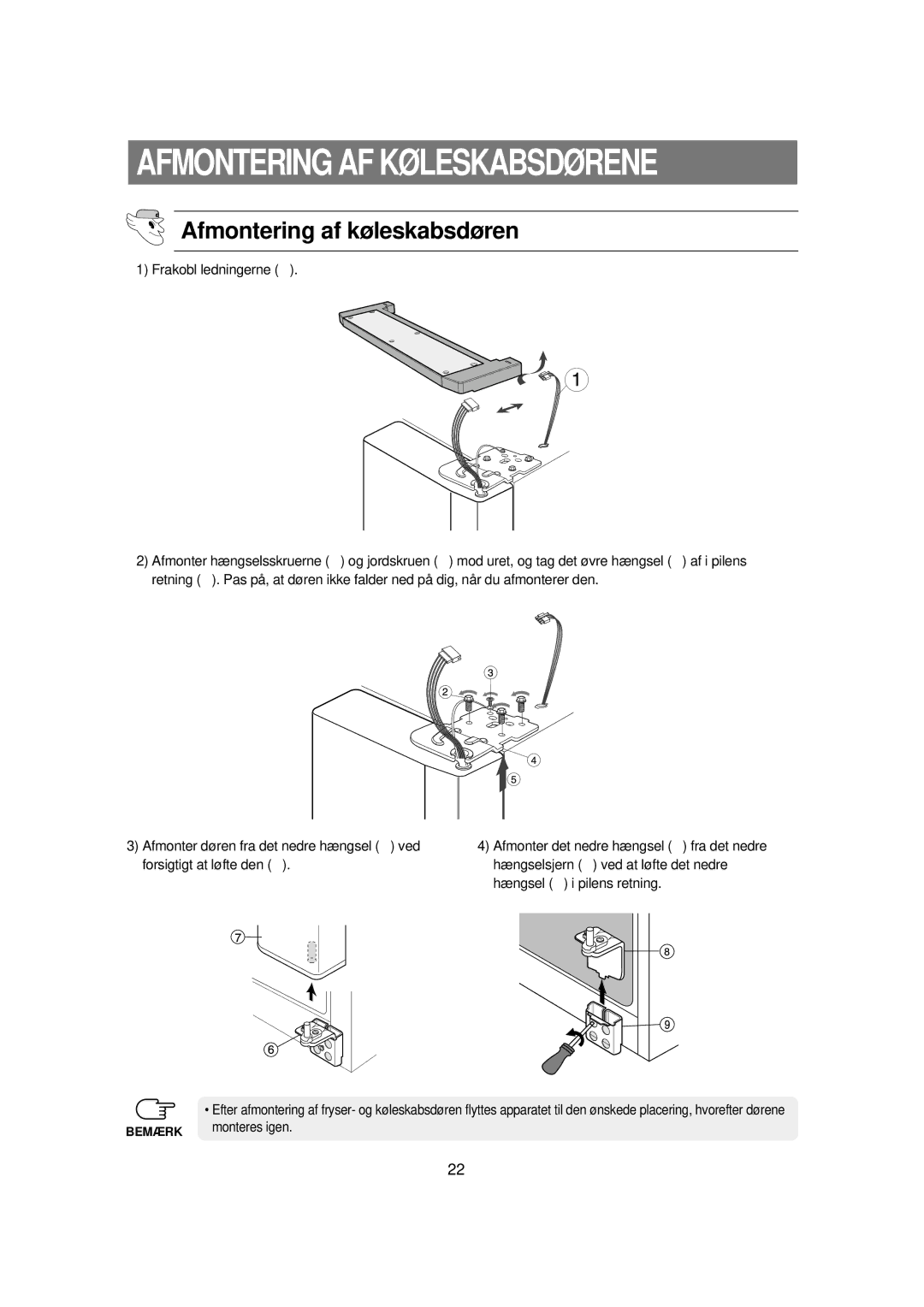 Samsung RSE8KPUS1/XEE, RSE8KPPS1/XEE manual Afmontering af køleskabsdøren 