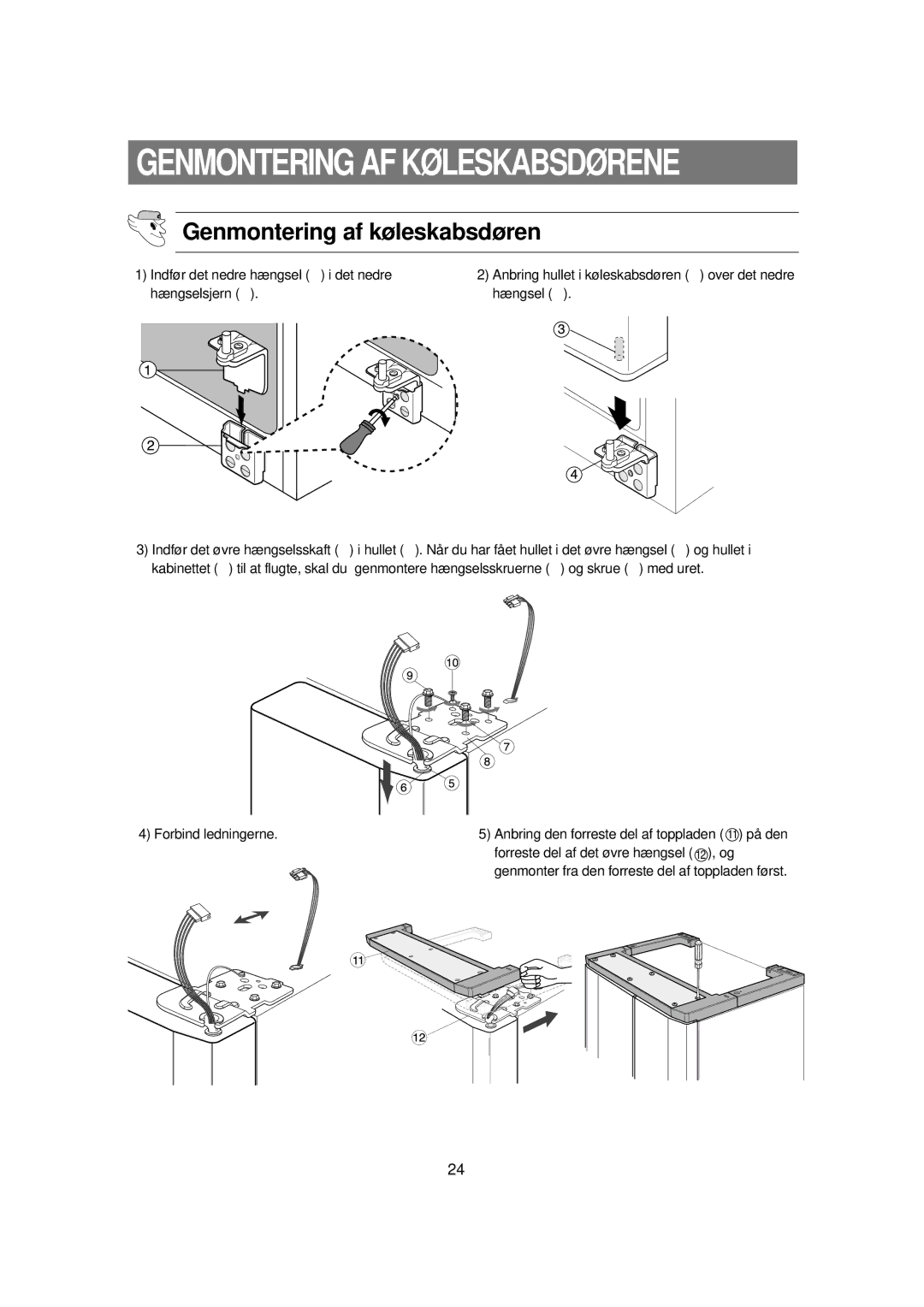 Samsung RSE8KPUS1/XEE, RSE8KPPS1/XEE manual Genmontering af køleskabsdøren 