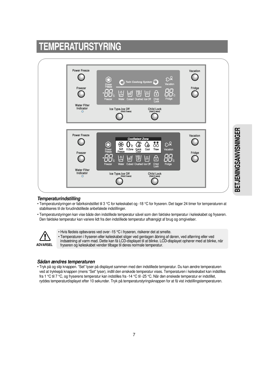 Samsung RSE8KPPS1/XEE, RSE8KPUS1/XEE manual Temperaturstyring, Temperaturindstilling 