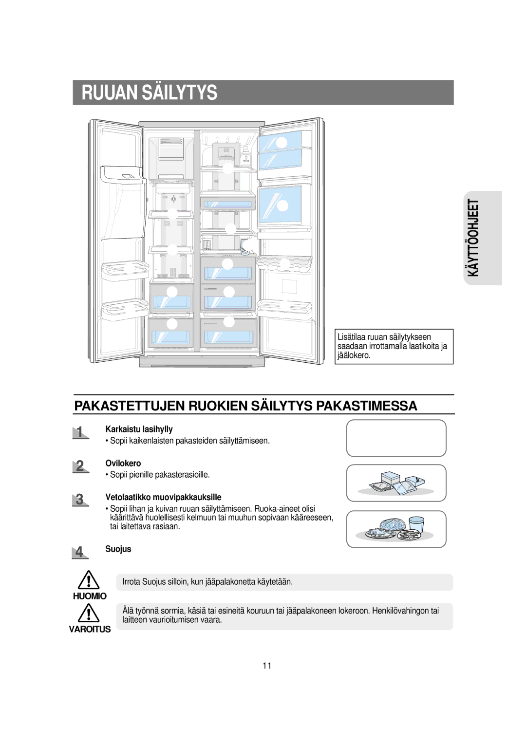 Samsung RSE8KPPS1/XEE manual Ruuan Säilytys, Karkaistu lasihylly, Ovilokero, Vetolaatikko muovipakkauksille, Suojus 