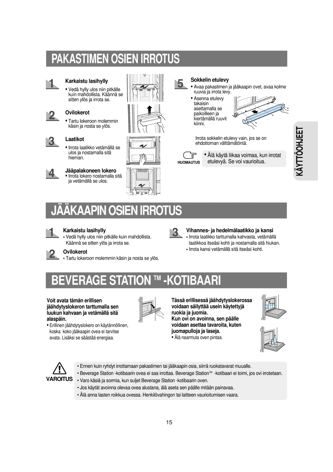 Samsung RSE8KPPS1/XEE, RSE8KPUS1/XEE manual Pakastimen Osien Irrotus, Beverage Station TM -KOTIBAARI 