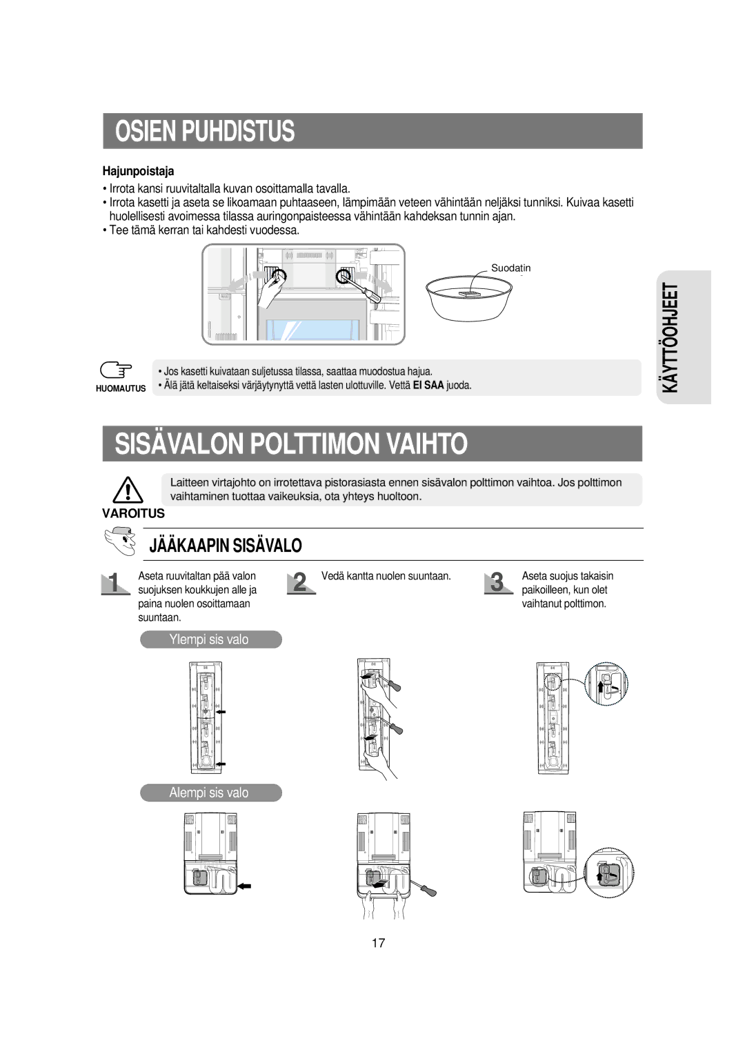 Samsung RSE8KPPS1/XEE, RSE8KPUS1/XEE manual Sisävalon Polttimon Vaihto, Hajunpoistaja 