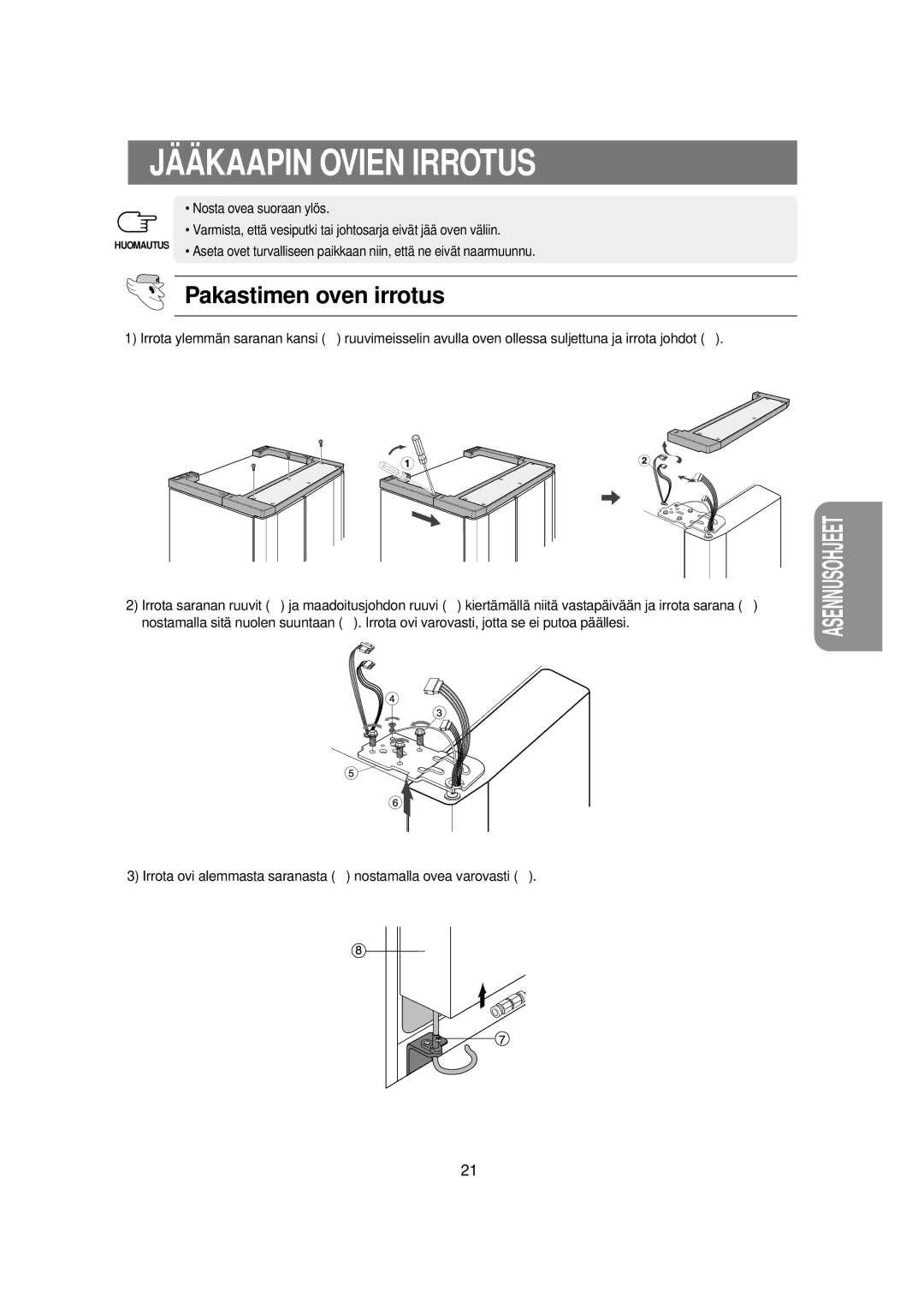 Samsung RSE8KPPS1/XEE, RSE8KPUS1/XEE manual Jääkaapin Ovien Irrotus, Pakastimen oven irrotus 