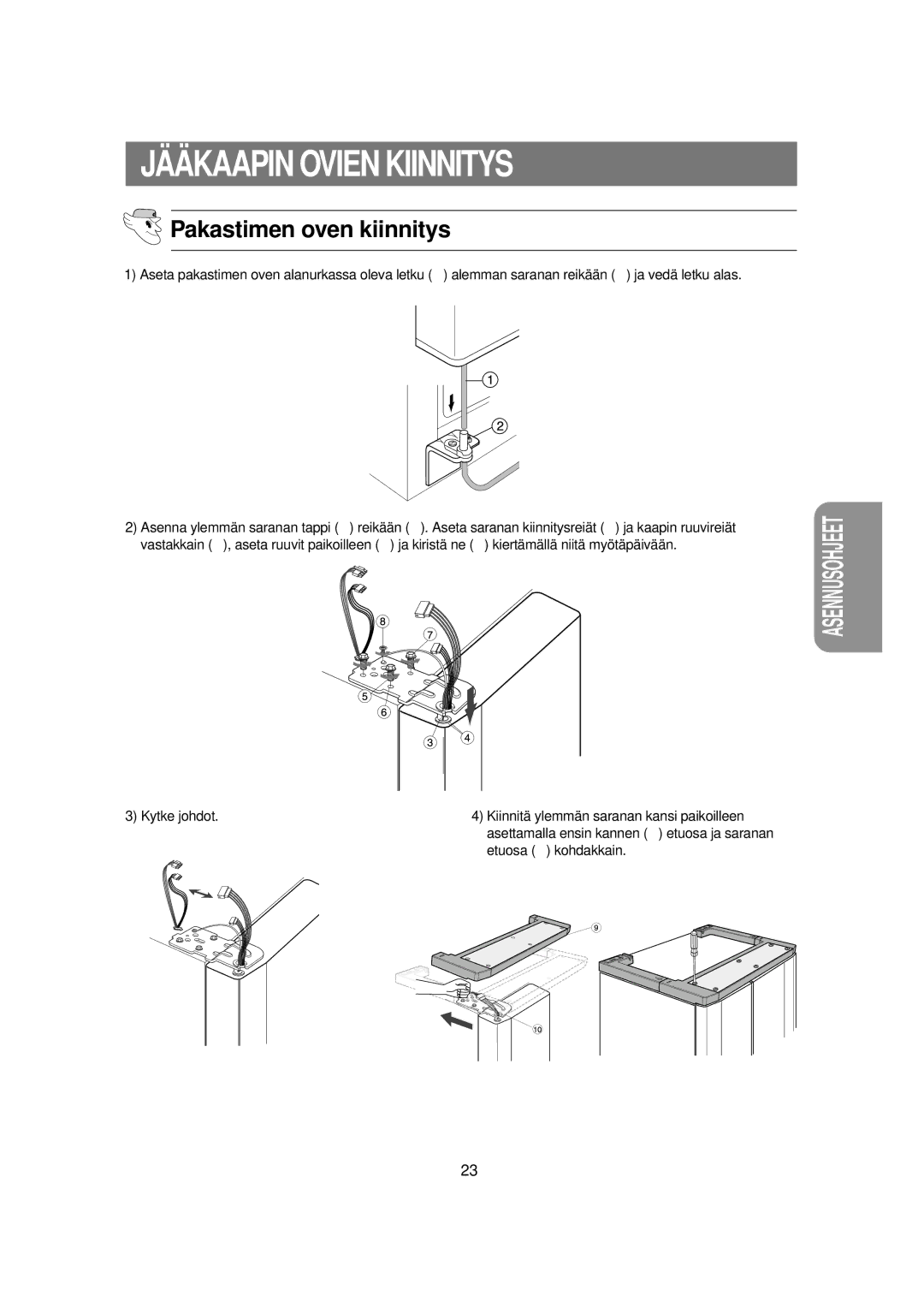 Samsung RSE8KPPS1/XEE, RSE8KPUS1/XEE manual Jääkaapin Ovien Kiinnitys, Pakastimen oven kiinnitys 