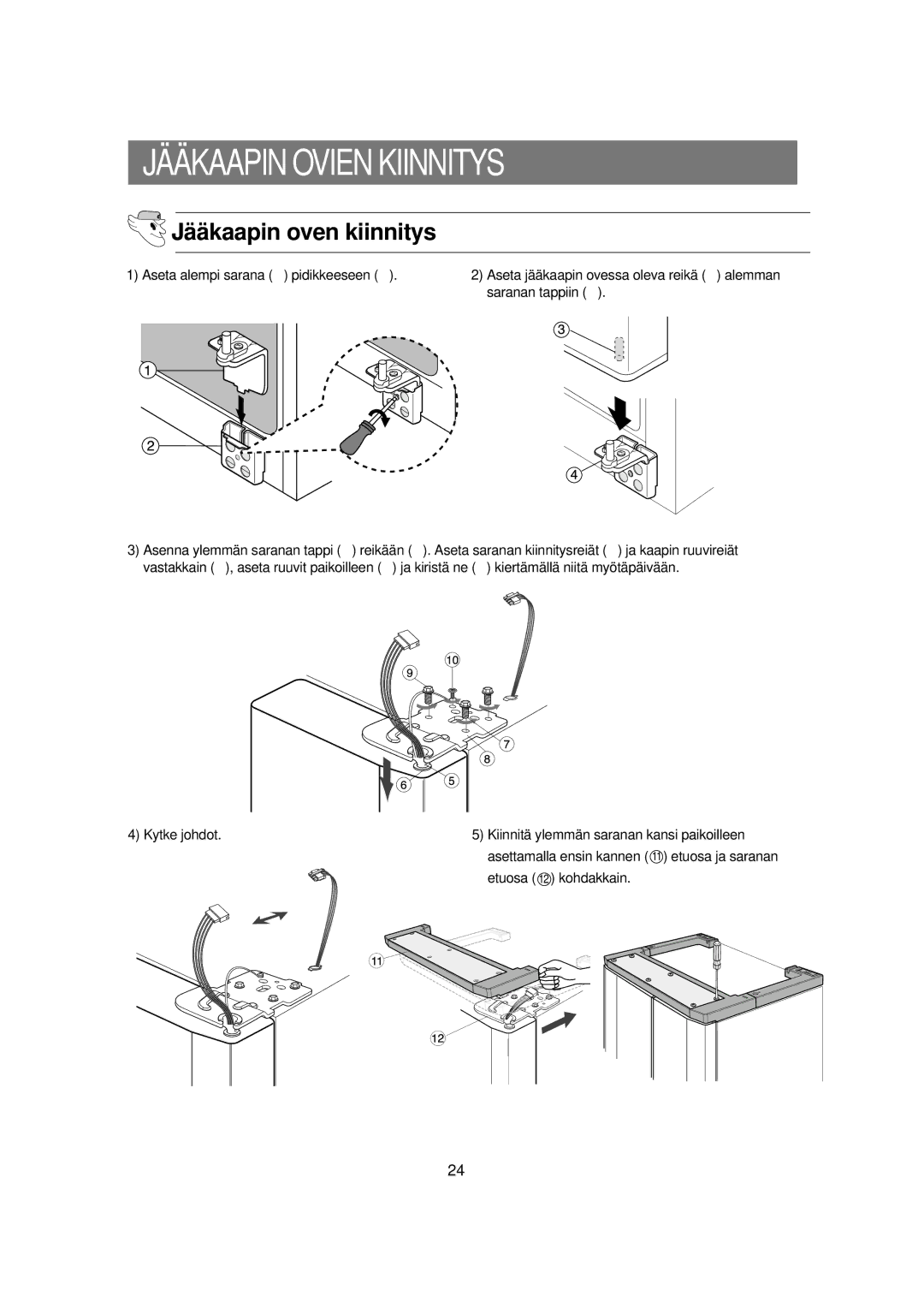 Samsung RSE8KPUS1/XEE, RSE8KPPS1/XEE manual JÄÄ Kaapin Ovien Kiinnitys, Jääkaapin oven kiinnitys 