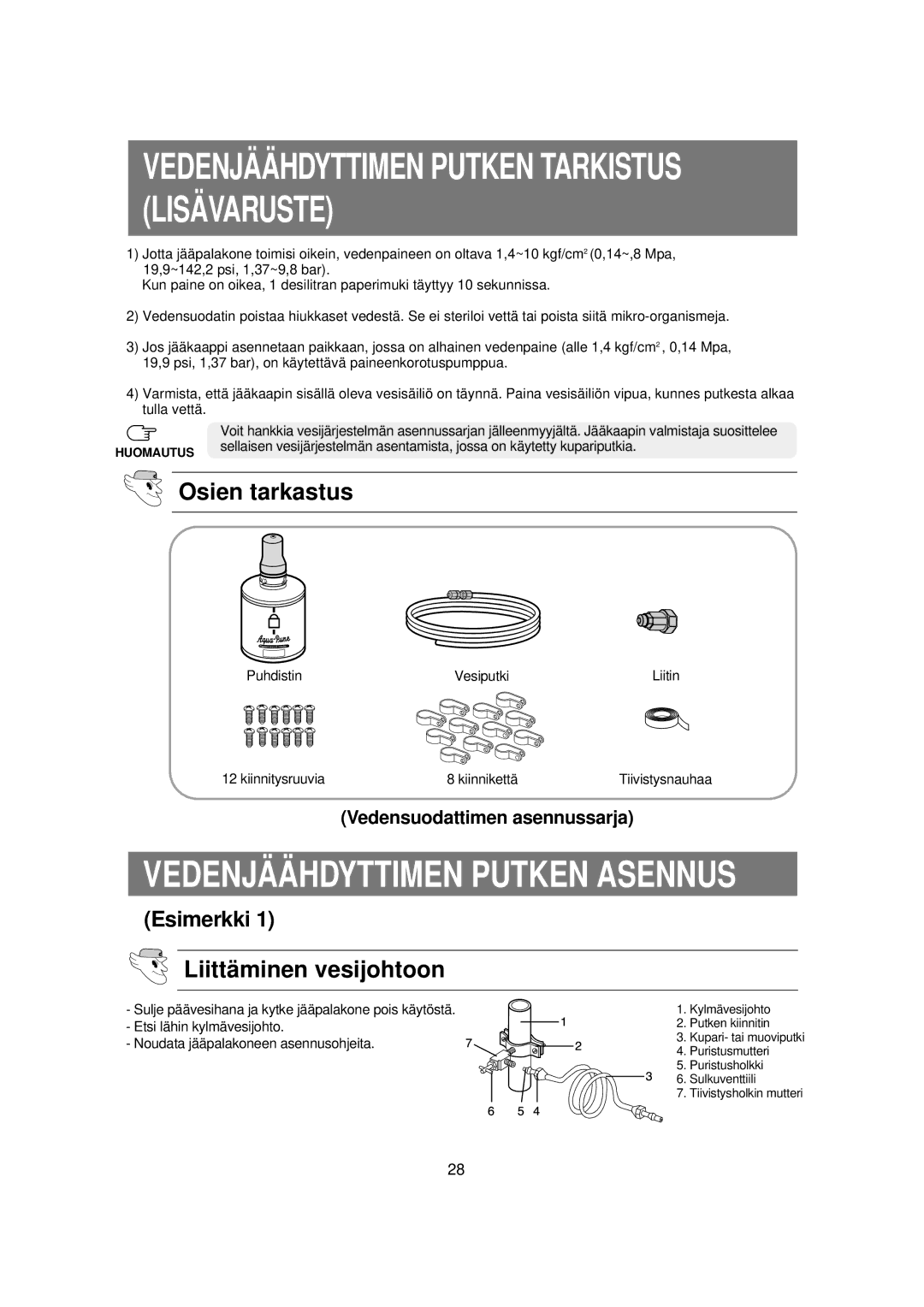 Samsung RSE8KPUS1/XEE, RSE8KPPS1/XEE manual Osien tarkastus, Liittäminen vesijohtoon 