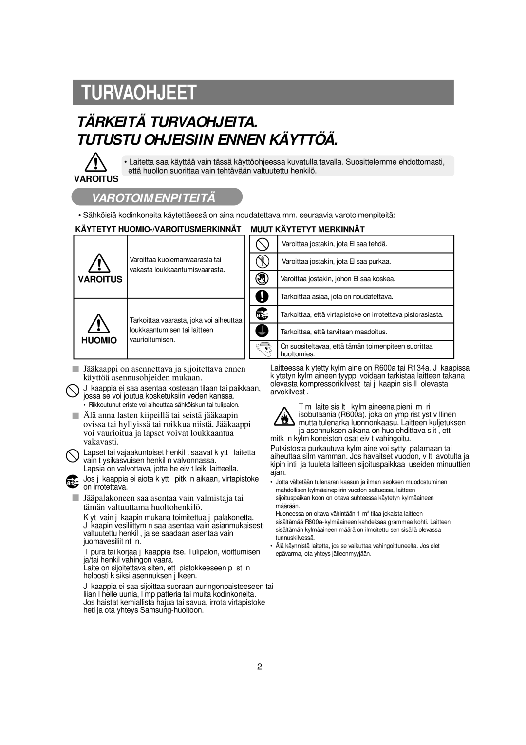 Samsung RSE8KPUS1/XEE, RSE8KPPS1/XEE manual Turvaohjeet, Tärkeitä Turvaohjeita Tutustu Ohjeisiin Ennen Käyttöä 