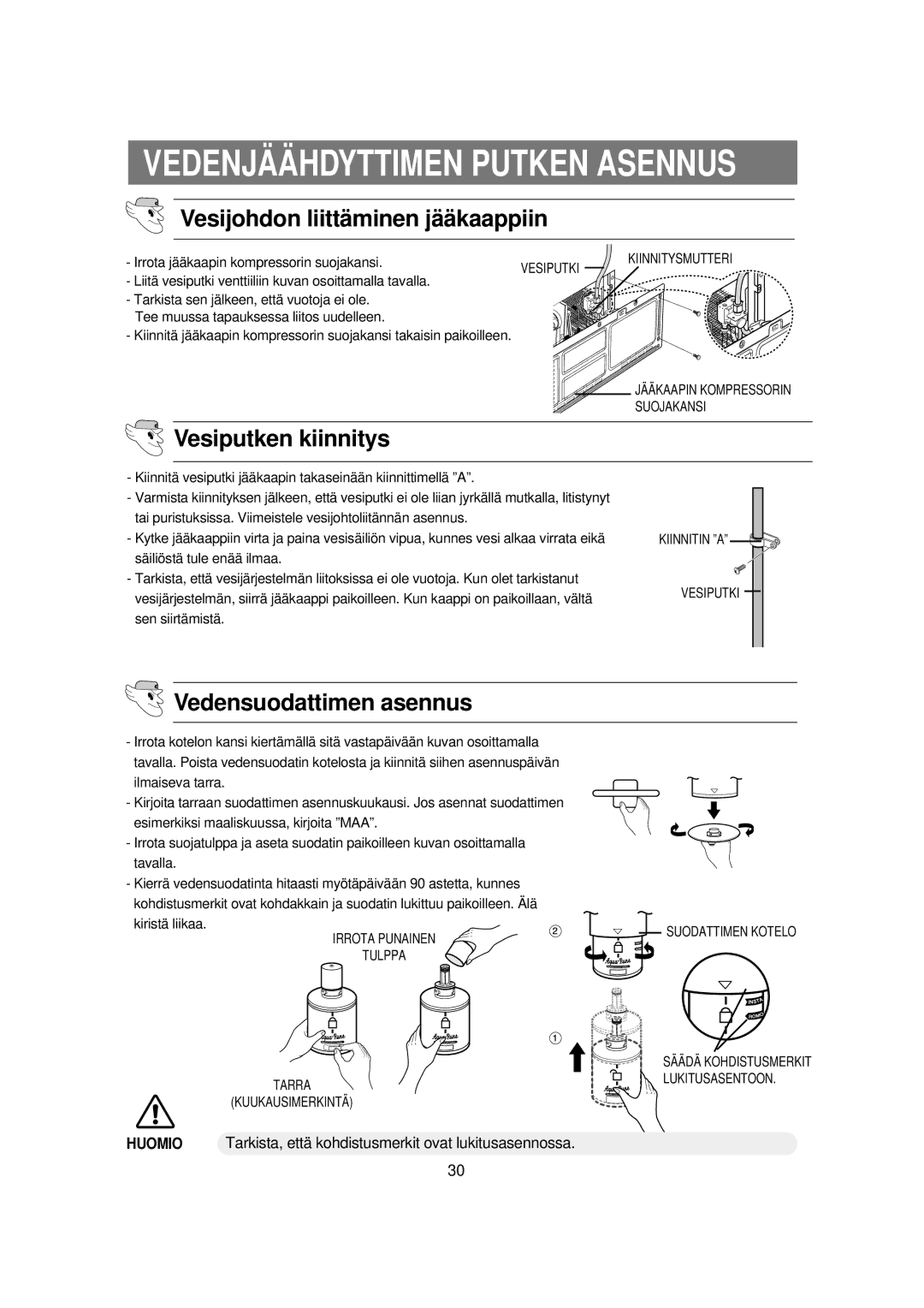 Samsung RSE8KPUS1/XEE, RSE8KPPS1/XEE manual Vesiputken kiinnitys, Vedensuodattimen asennus 