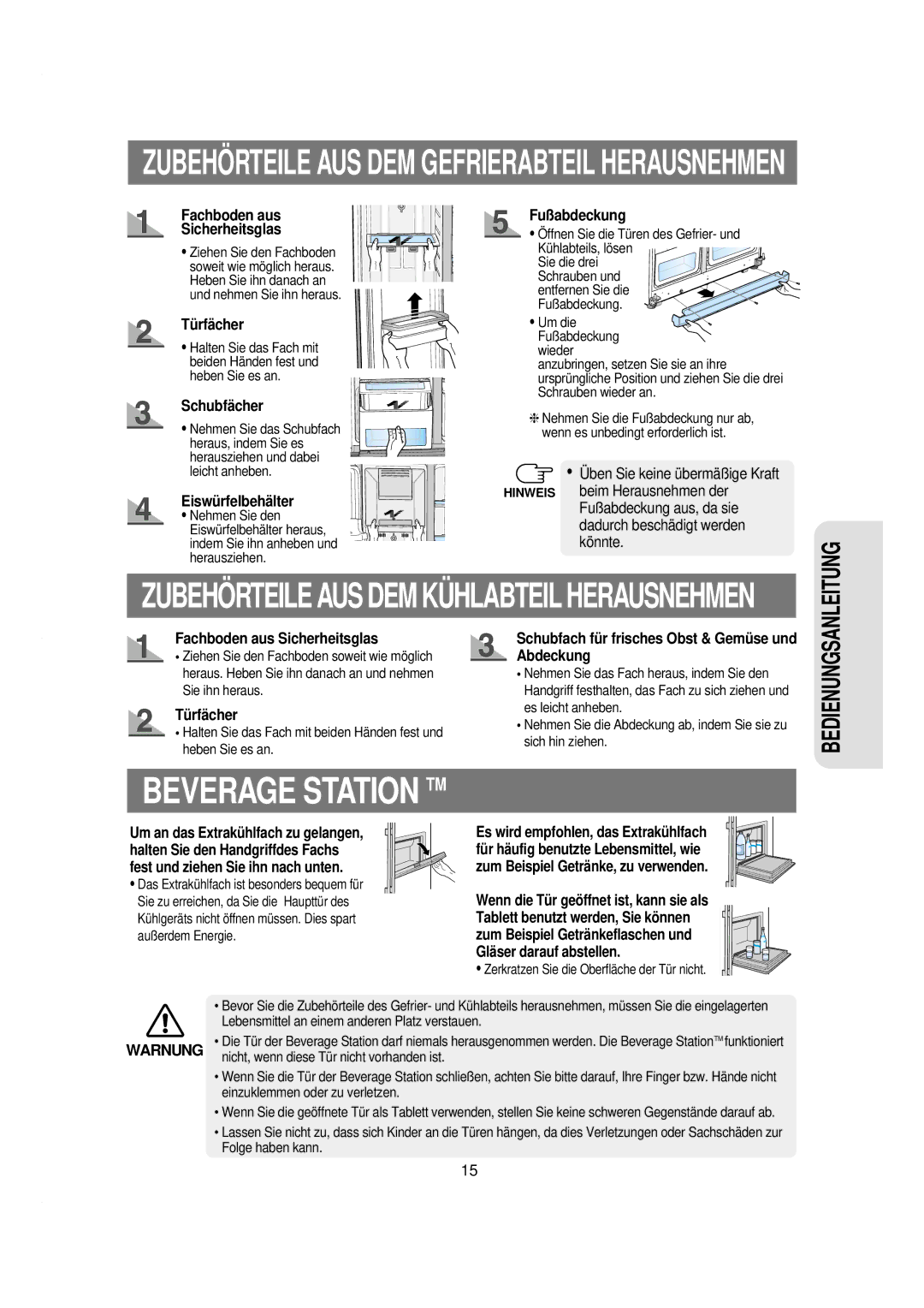 Samsung RSE8KPAS1/XEG, RSE8KPPS1/XEN, RSE8KYAS1/XEG, RSE8KGPS1/XEG Türfächer, Schubfächer, Eiswürfelbehälter, Fußabdeckung 