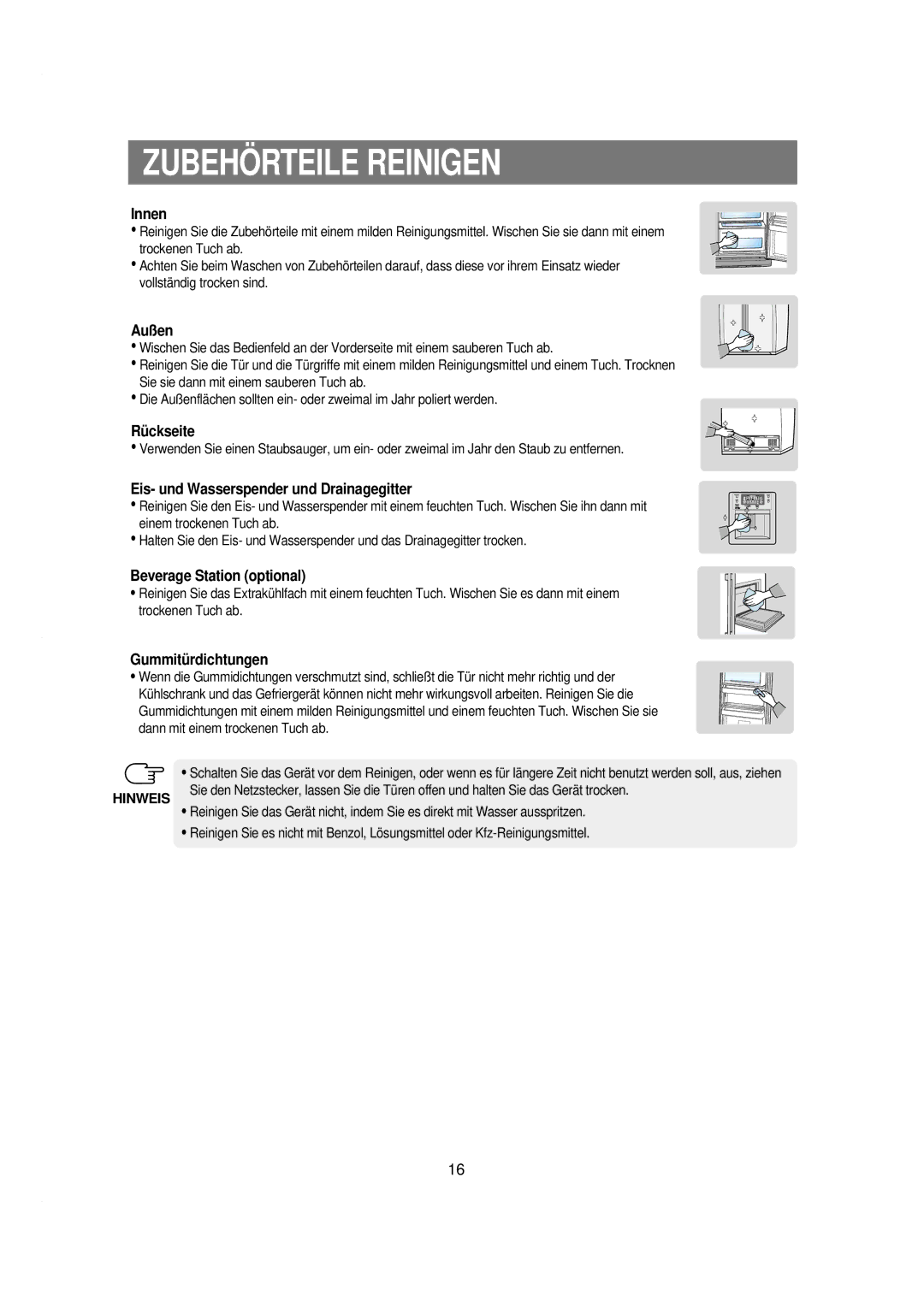 Samsung RSE8JPAS1/XEG, RSE8KPPS1/XEN, RSE8KYAS1/XEG, RSE8KGPS1/XEG, RSE8KPPS1/XEG, RSE8KPAS1/XEG manual Zubehörteile Reinigen 