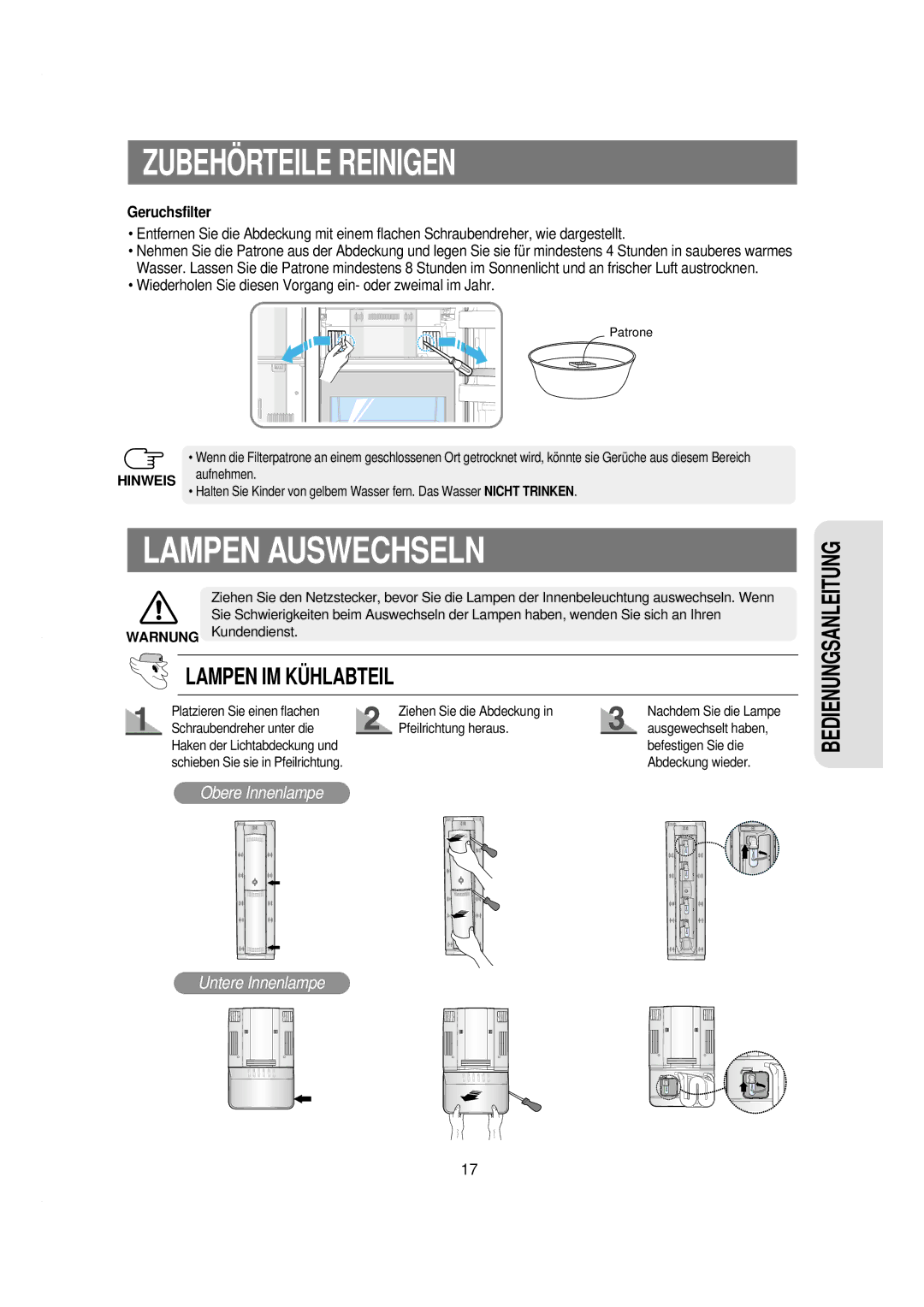 Samsung RSE8KPPS1/XEN, RSE8KYAS1/XEG, RSE8KGPS1/XEG, RSE8KPPS1/XEG, RSE8KPAS1/XEG manual Lampen Auswechseln, Geruchsfilter 