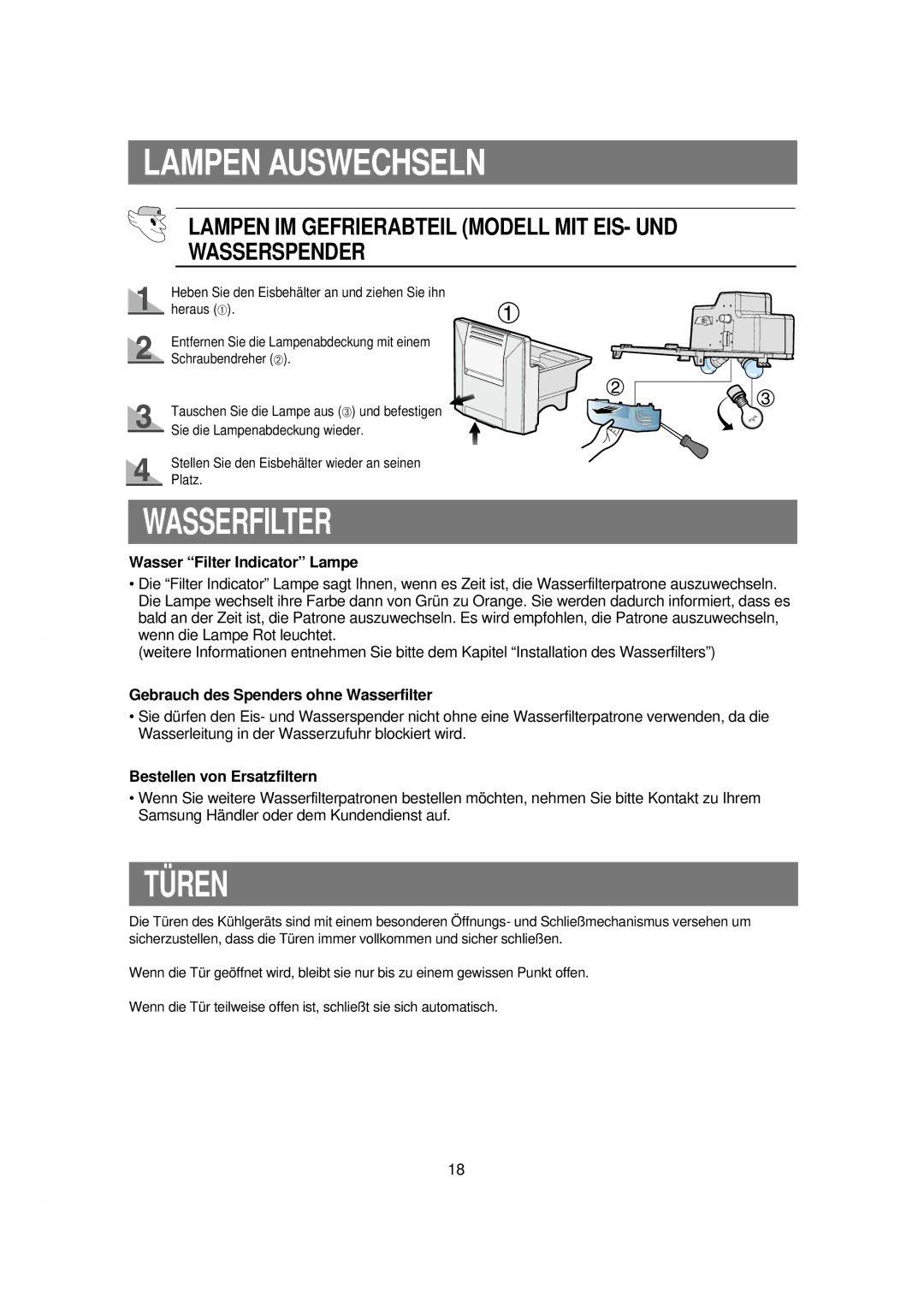 Samsung RSE8KYAS1/XEG, RSE8KPPS1/XEN Türen, Wasser Filter Indicator Lampe, Gebrauch des Spenders ohne Wasserfilter 